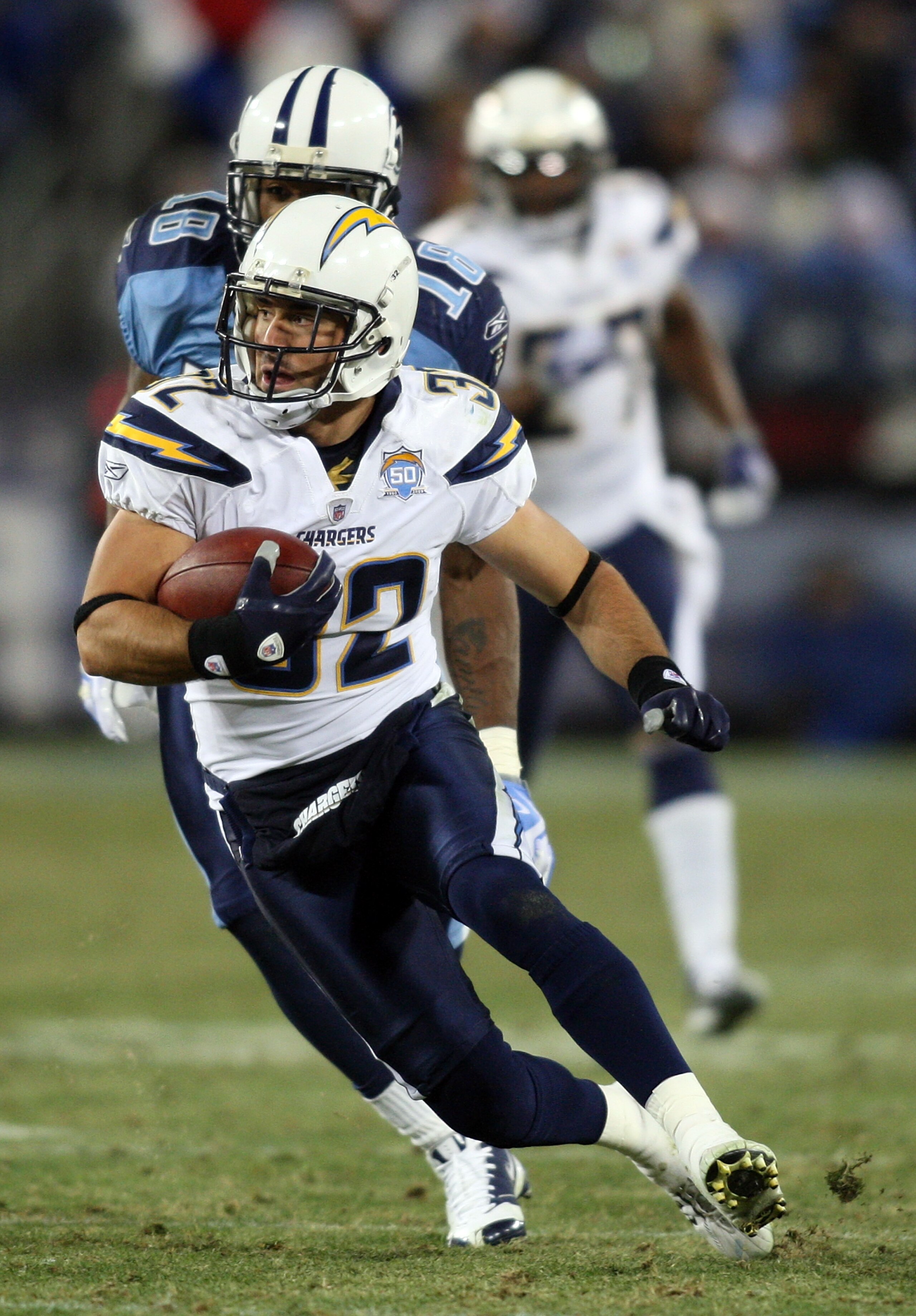 NASHVILLE, TN - DECEMBER 25: Eric Weddle #32 of the San Diego Chargers returns this interception intended for Kenny Britt #18 of the Tennessee Titans on December 25, 2009 at LP Field in Nashville, Tennessee. (Photo by Rex Brown/Getty Images)