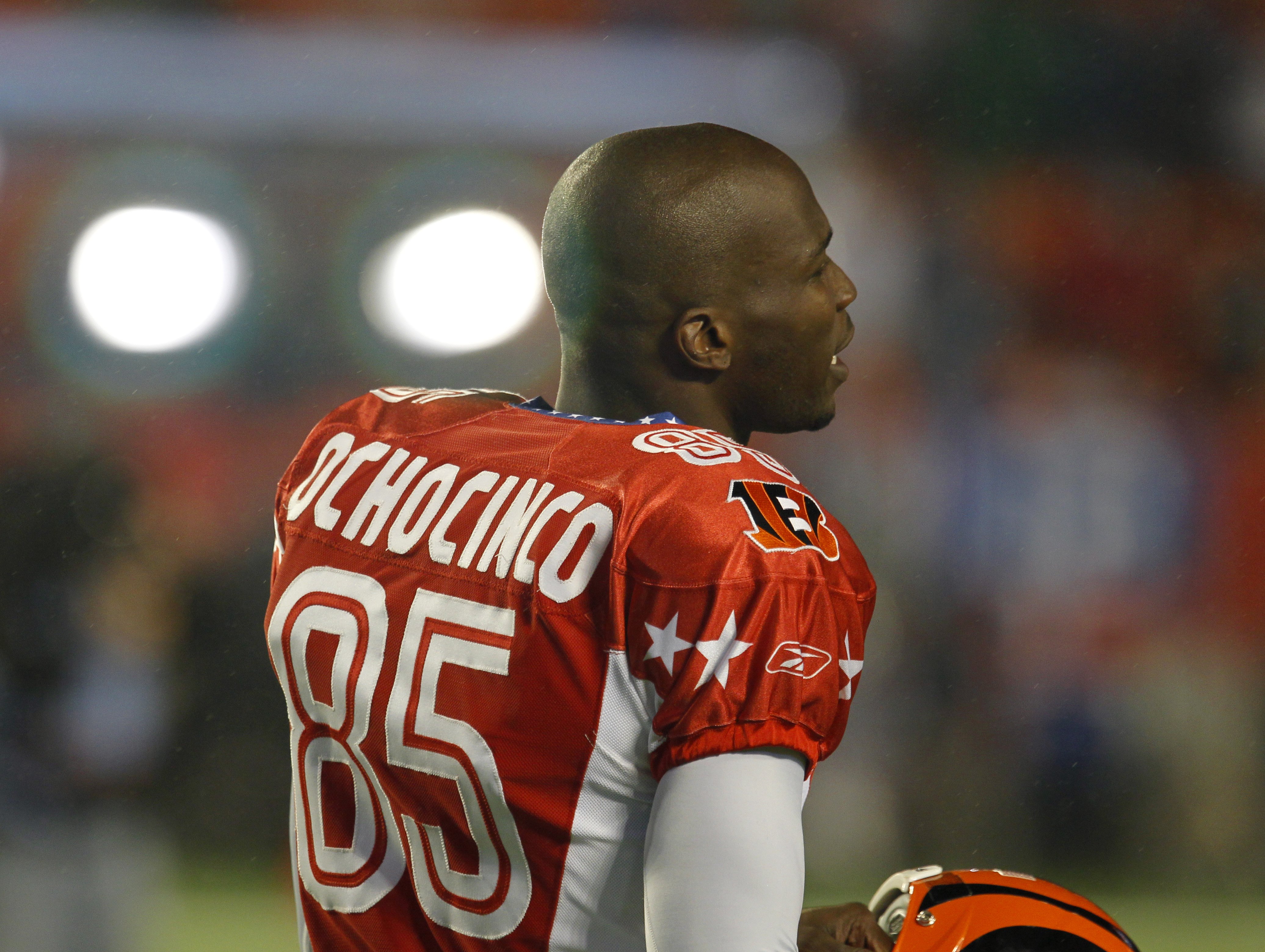 MIAMI GARDENS, FL - JANUARY 31:  Chad Ochocinco #85 of the AFC looks on during the 2010 AFC-NFC Pro Bowl game at Sun Life Stadium on January 31, 2010 in Miami Gardens, Florida. The AFC defeated the NFC 41-34. (Photo by Scott Halleran/Getty Images)