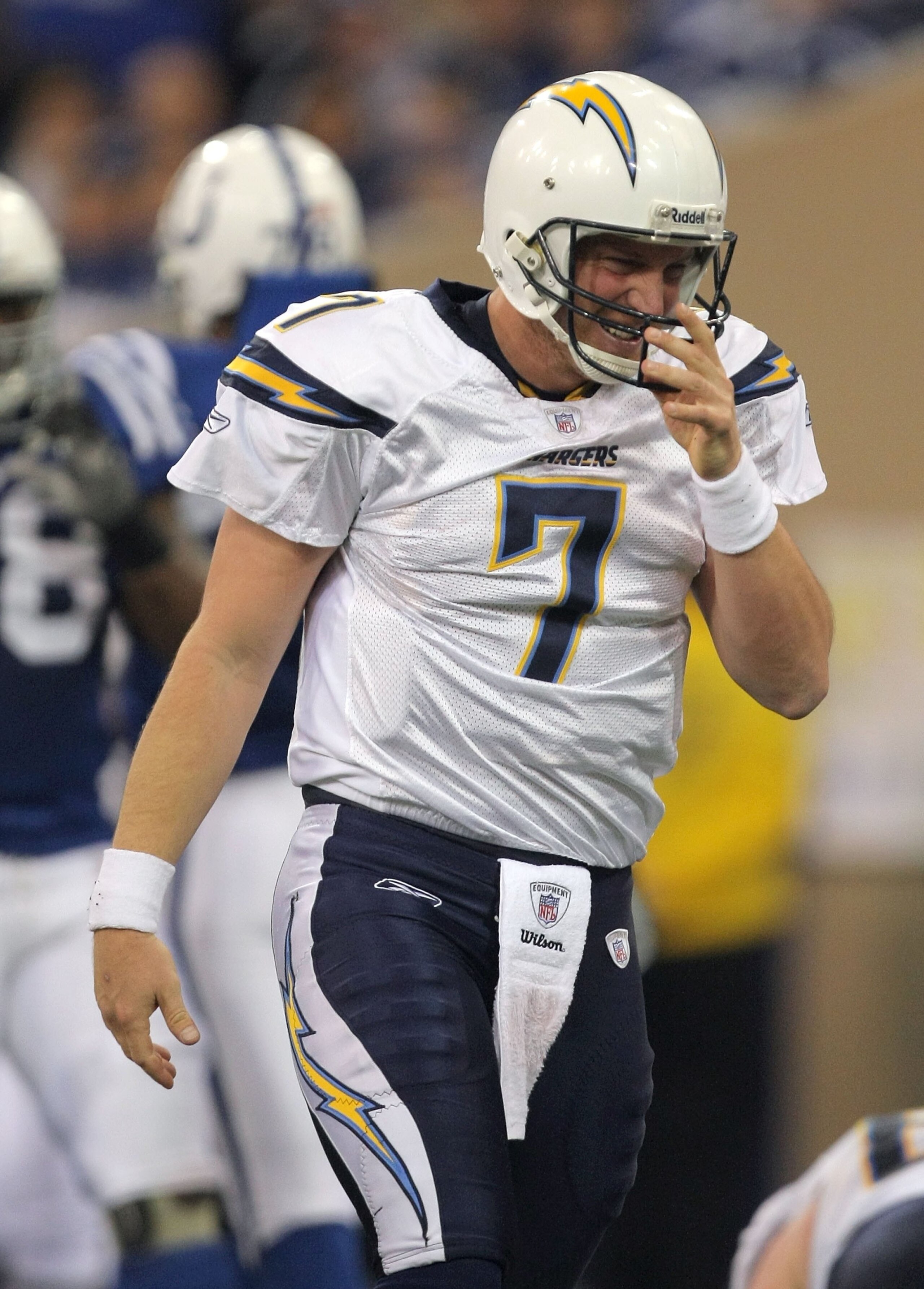 INDIANAPOLIS - JANUARY 13:  Billy Volek #7 of the San Diego Chargers reacts after he scored a 1-yard rushing touchdown in the fourth quarter against the Indianapolis Colts during their AFC Divisional Playoff game at the RCA Dome on January 13, 2008 in Ind