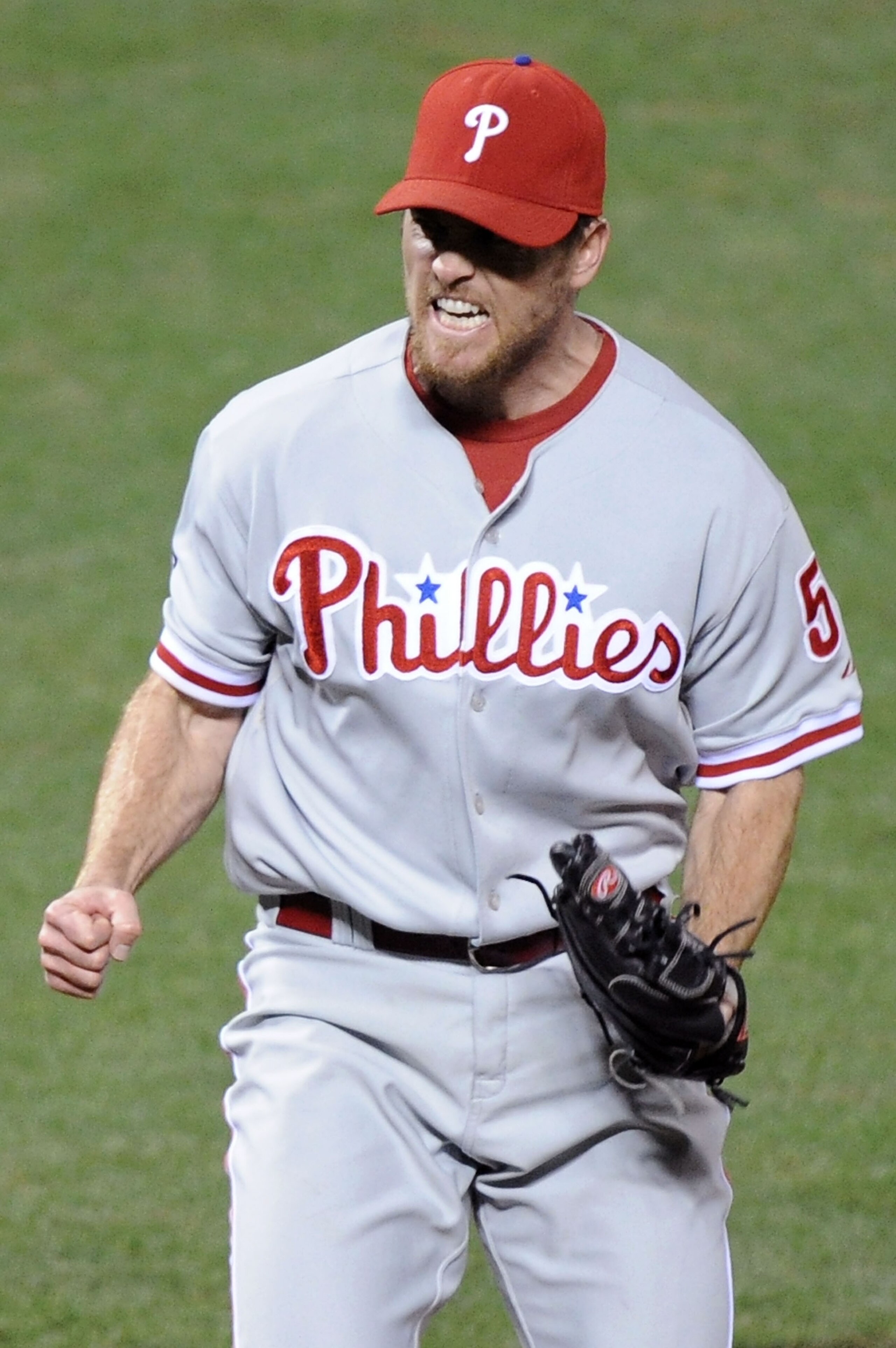 SAN FRANCISCO - OCTOBER 21: Brad Lidge #54 of the Philadelphia Phillies reacts after defeating the San Francisco Giants 4-2 in Game Five of the NLCS during the 2010 MLB Playoffs at AT&T Park on October 21, 2010 in San Francisco, California. (Photo by Ha SAN FRANCISCO - OCTOBER 21: Brad Lidge #54 of the Philadelphia Phillies reacts after defeating the San Francisco Giants 4-2 in Game Five of the NLCS during the 2010 MLB Playoffs at AT&T Park on October 21, 2010 in San Francisco, California. (Photo by Ha