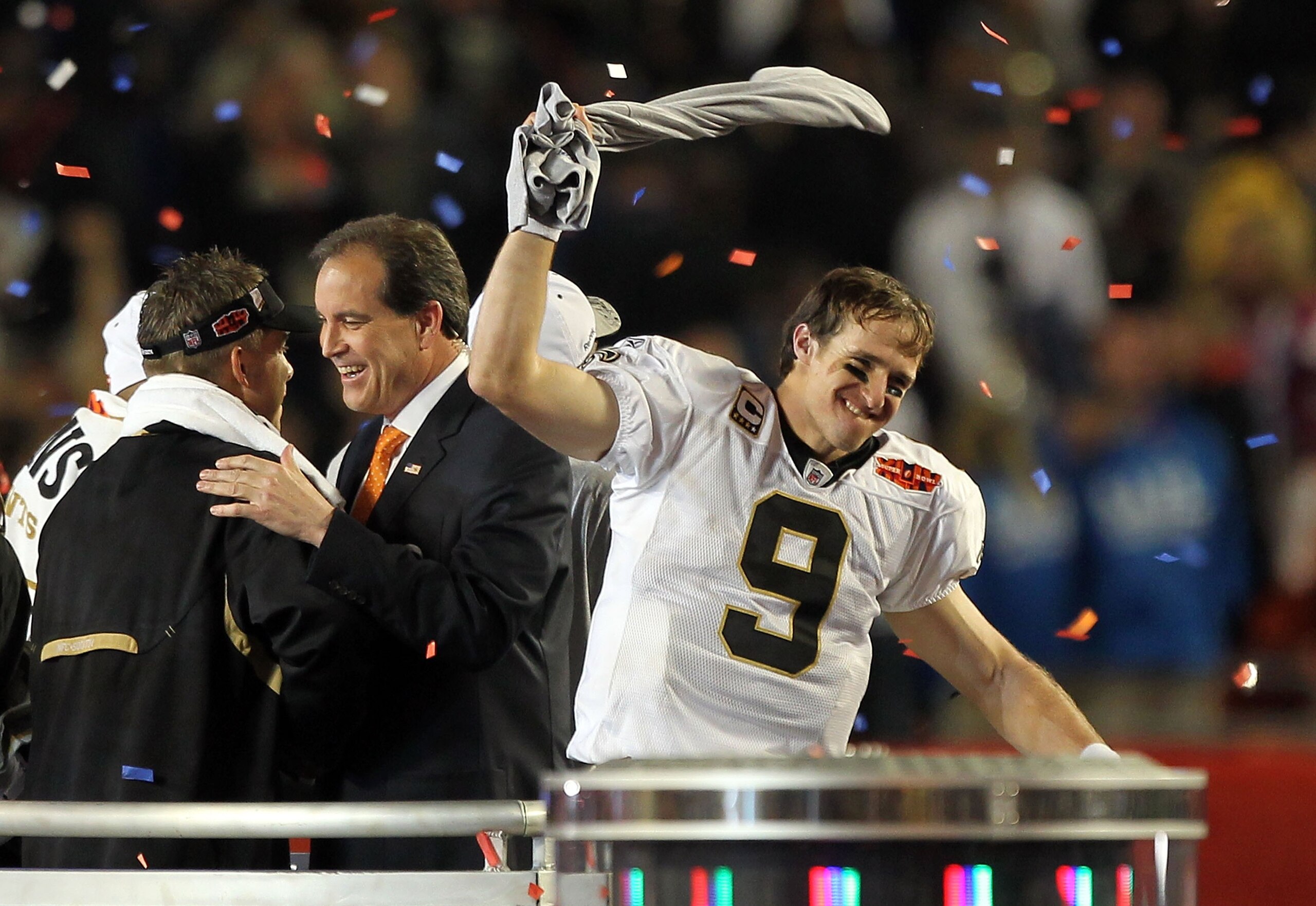 MIAMI GARDENS, FL - FEBRUARY 07:  Quarterback Drew Brees #9 of the New Orleans Saints celebrates after his team defeated the Indianapolis Colts during Super Bowl XLIV on February 7, 2010 at Sun Life Stadium in Miami Gardens, Florida.  (Photo by Ezra Shaw/