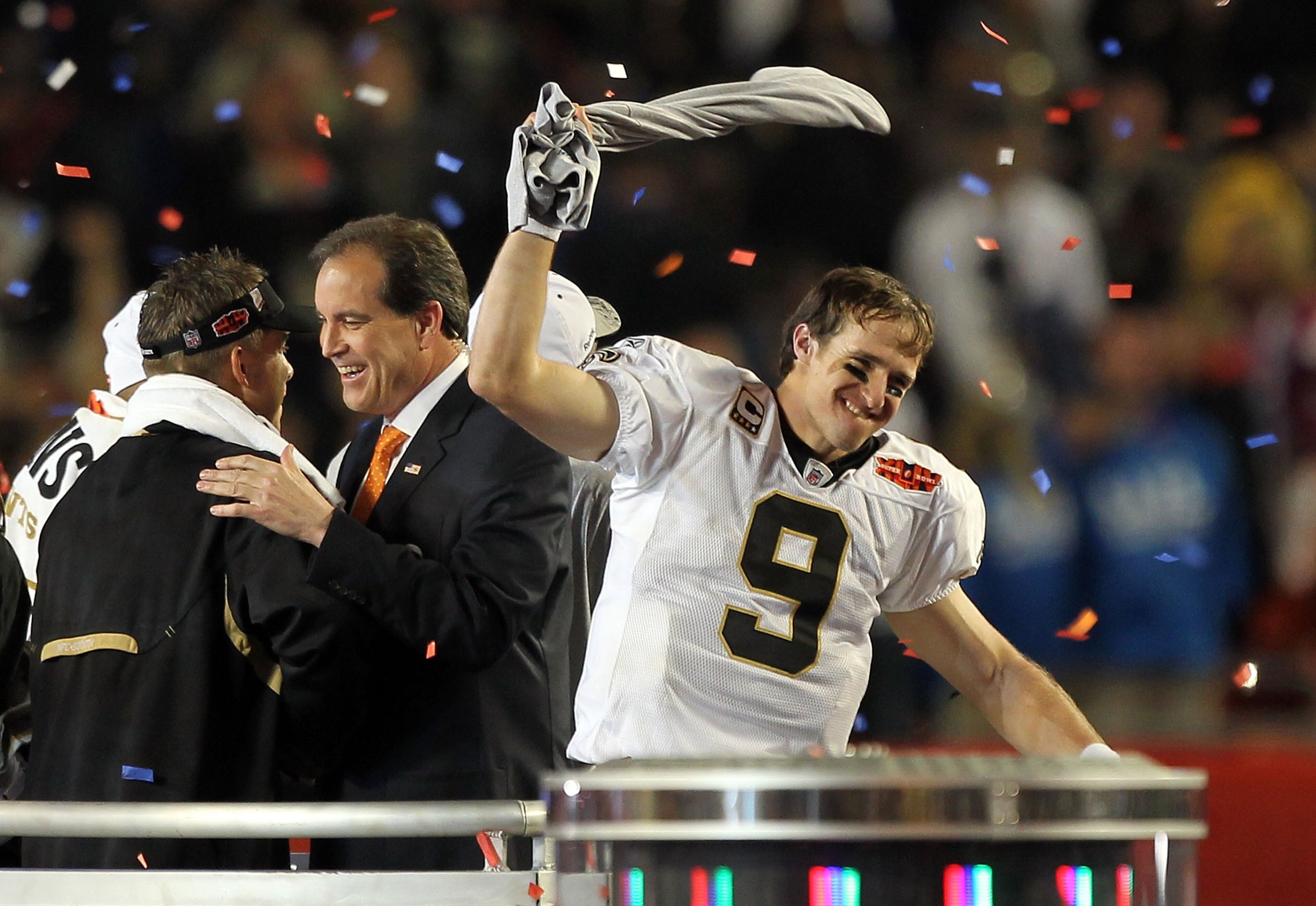 MIAMI GARDENS, FL - FEBRUARY 07:  Quarterback Drew Brees #9 of the New Orleans Saints celebrates after his team defeated the Indianapolis Colts during Super Bowl XLIV on February 7, 2010 at Sun Life Stadium in Miami Gardens, Florida.  (Photo by Ezra Shaw/