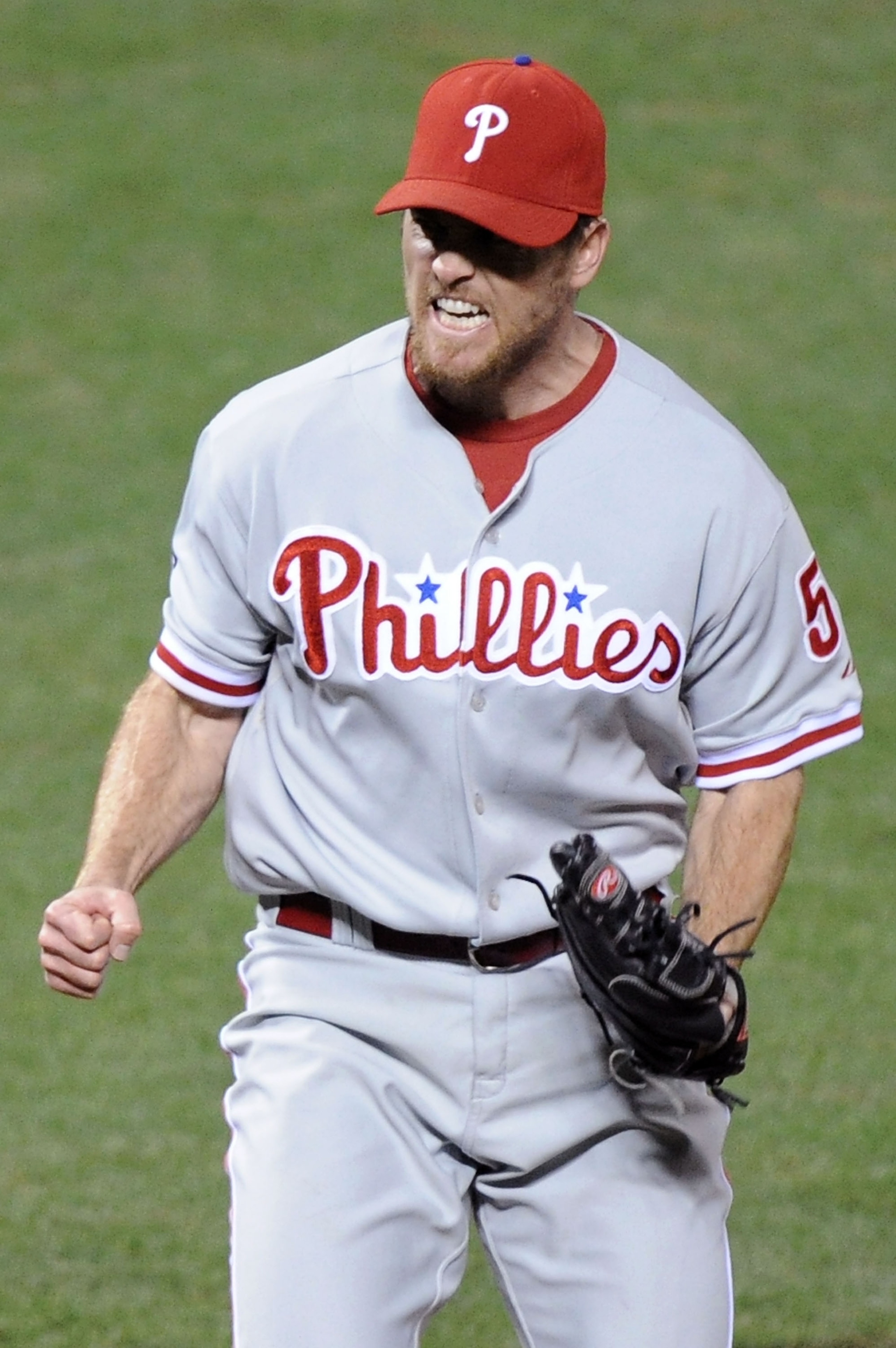 SAN FRANCISCO - OCTOBER 21: Brad Lidge #54 of the Philadelphia Phillies reacts after defeating the San Francisco Giants 4-2 in Game Five of the NLCS during the 2010 MLB Playoffs at AT&T Park on October 21, 2010 in San Francisco, California. (Photo by Ha SAN FRANCISCO - OCTOBER 21: Brad Lidge #54 of the Philadelphia Phillies reacts after defeating the San Francisco Giants 4-2 in Game Five of the NLCS during the 2010 MLB Playoffs at AT&T Park on October 21, 2010 in San Francisco, California. (Photo by Ha