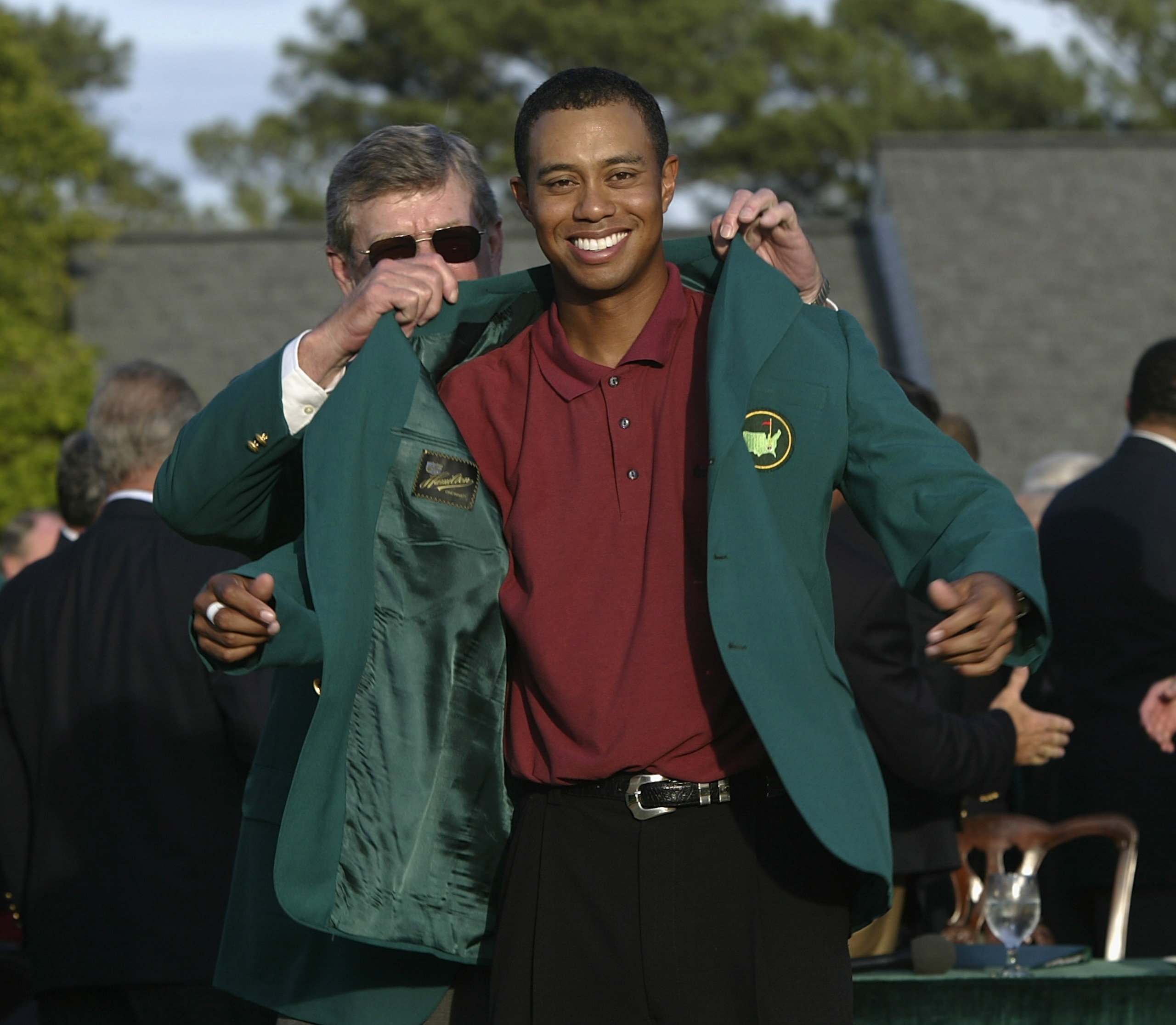 14 Apr 2002: Tiger Woods of the USA is presented with his green jacket by Hootie Johnson after winning the Masters Tournament from the Augusta National Golf Club in Augusta, Georgia. DIGITAL IMAGE. EDITORIAL USE ONLY Mandatory Credit: Craig Jones/GettyIm 14 Apr 2002: Tiger Woods of the USA is presented with his green jacket by Hootie Johnson after winning the Masters Tournament from the Augusta National Golf Club in Augusta, Georgia. DIGITAL IMAGE. EDITORIAL USE ONLY Mandatory Credit: Craig Jones/GettyIm