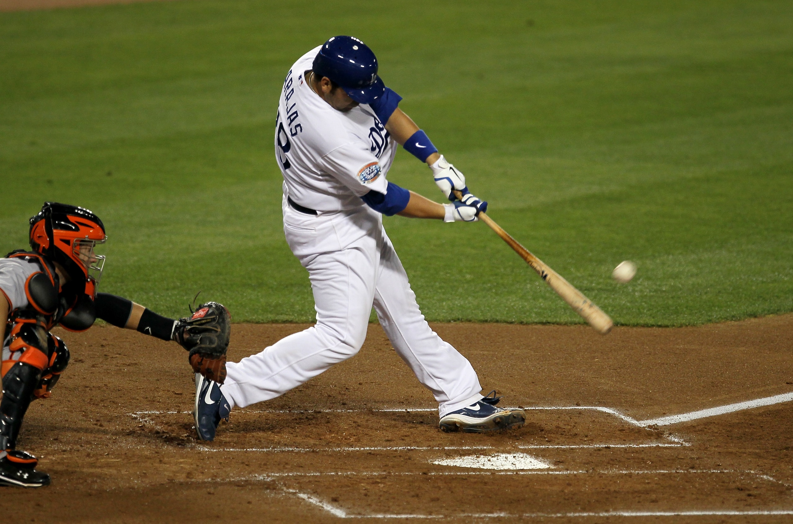 LOS ANGELES, CA - SEPTEMBER 03:  Second baseman Freddy Sanchez #21 of the San Francisco Giants throws to first to complete a double play after forcing out Andre Ethier #16 of the Los Angeles Dodgers in the first inning on September 3, 2010 at Dodger Stadi