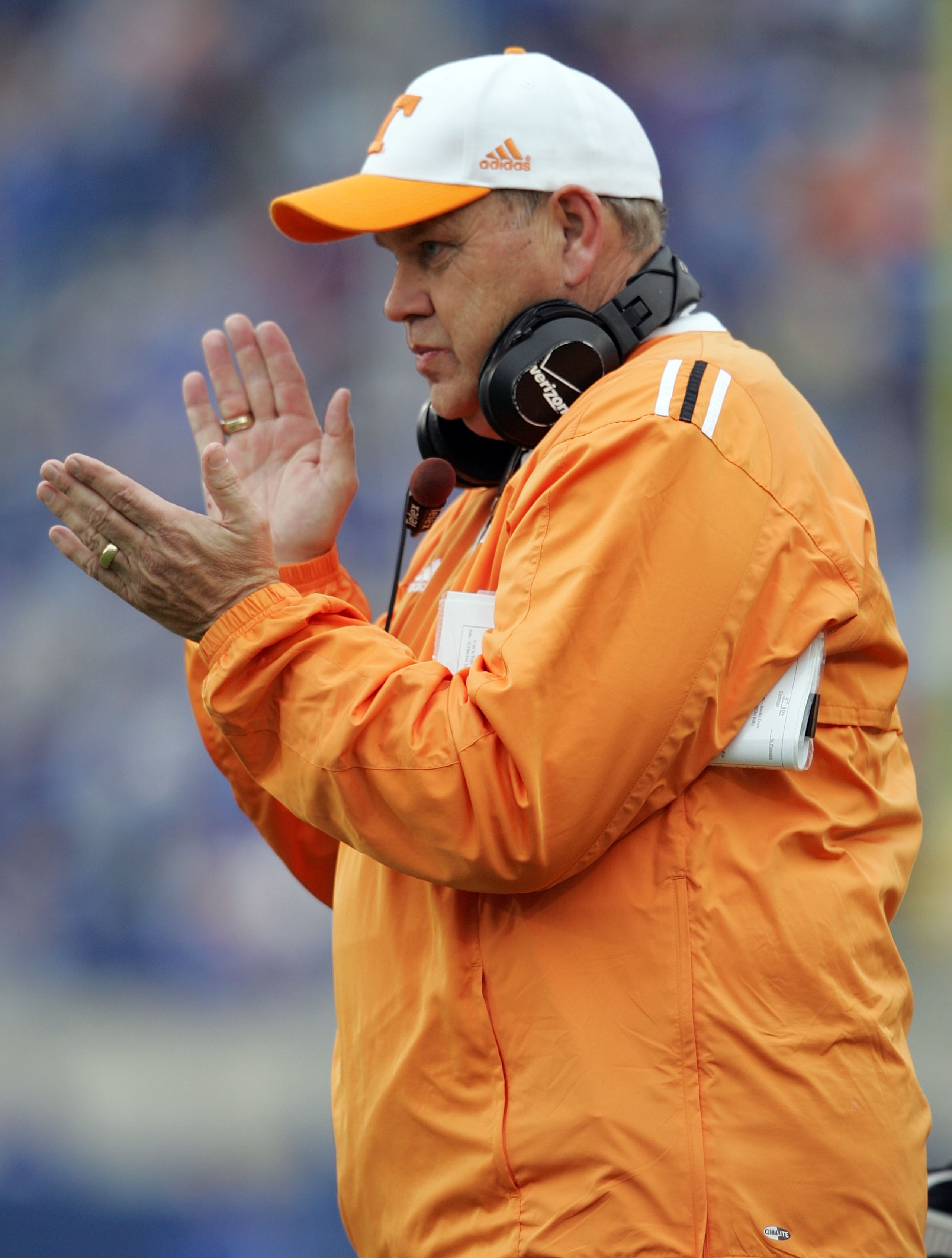 LEXINGTON, KY - NOVEMBER 26:  Head coach Philip Fulmer of the Tennessee Volunteers claps on the sideline during the game against the Kentucky Wildcats on November 26, 2005 at Commonwealth Stadium in Lexington, Kentucky. Tennessee won 27-8.  (Photo by Andy