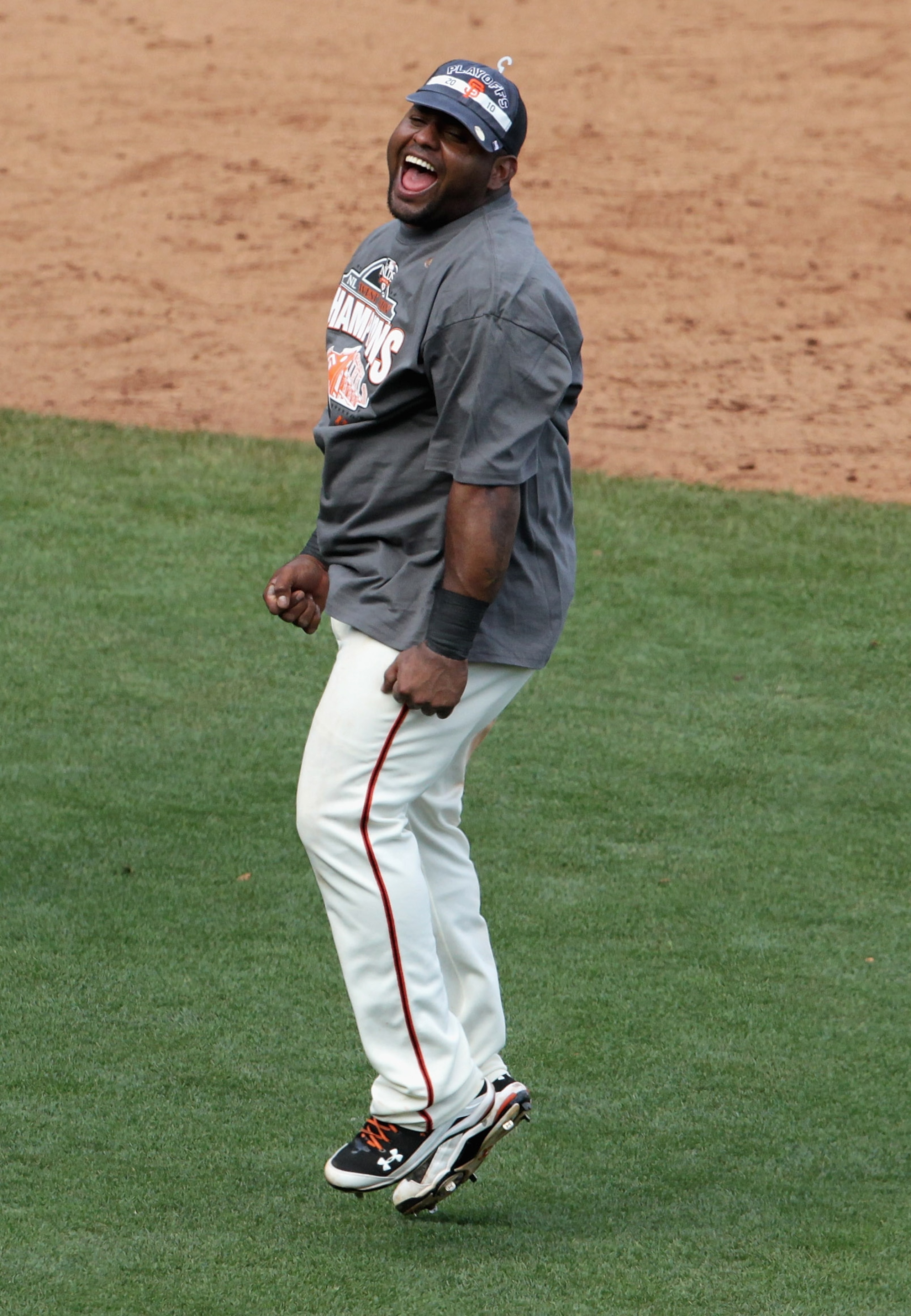 SAN FRANCISCO - OCTOBER 03:  Pablo Sandoval #48 of the San Francisco Giants celebrates after the Giants clinched the National League West divsion against the San Diego Padres at AT&T Park on October 3, 2010 in San Francisco, California.  The Giants beat t