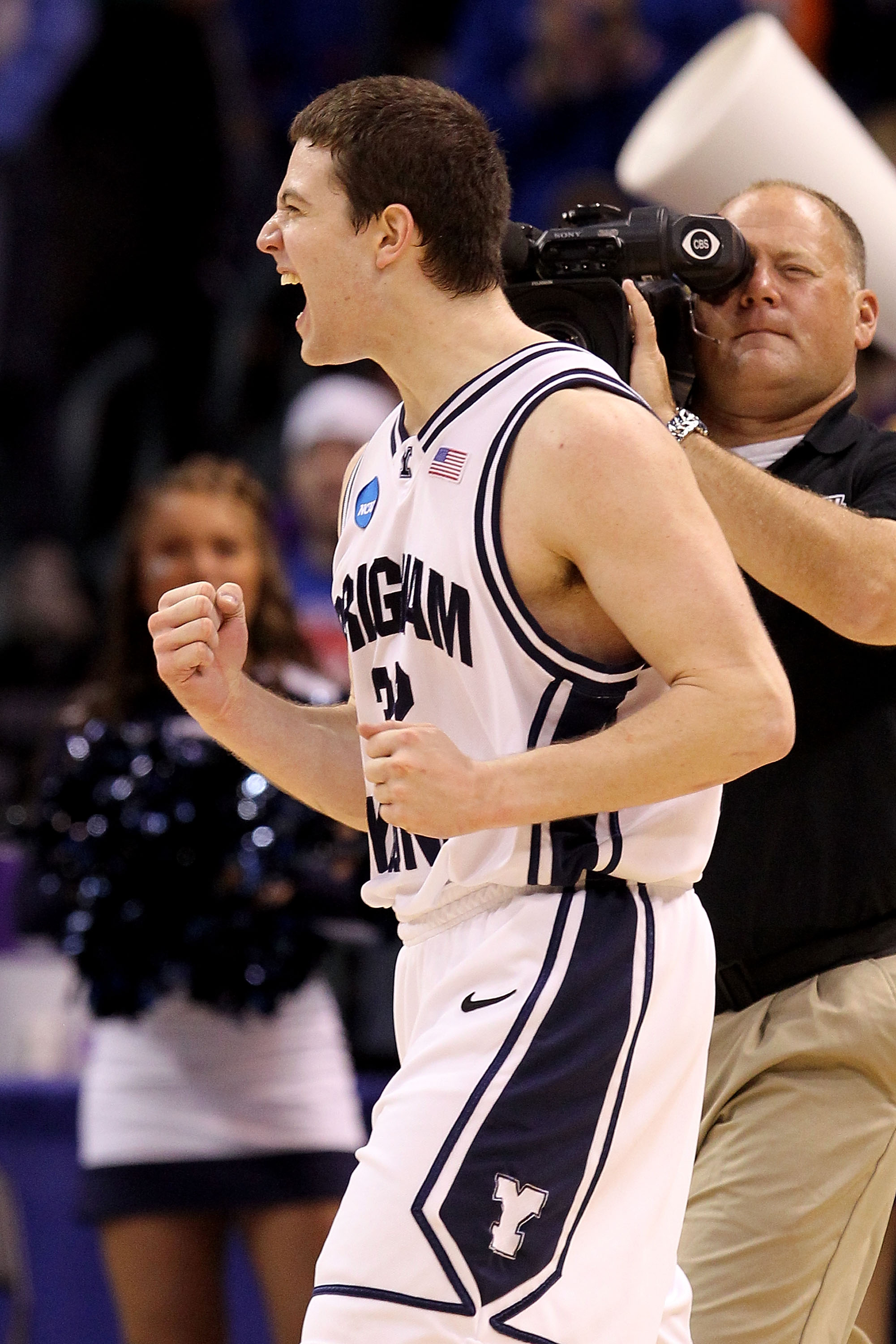 OKLAHOMA CITY - MARCH 18:  Jimmer Fredette #32 of the BYU Cougars celebrates after BYU won in 99-92 double in overtime against the Florida Gators during the first round of the 2010 NCAA men�s basketball tournament at Ford Center on March 18, 2010 in Oklah