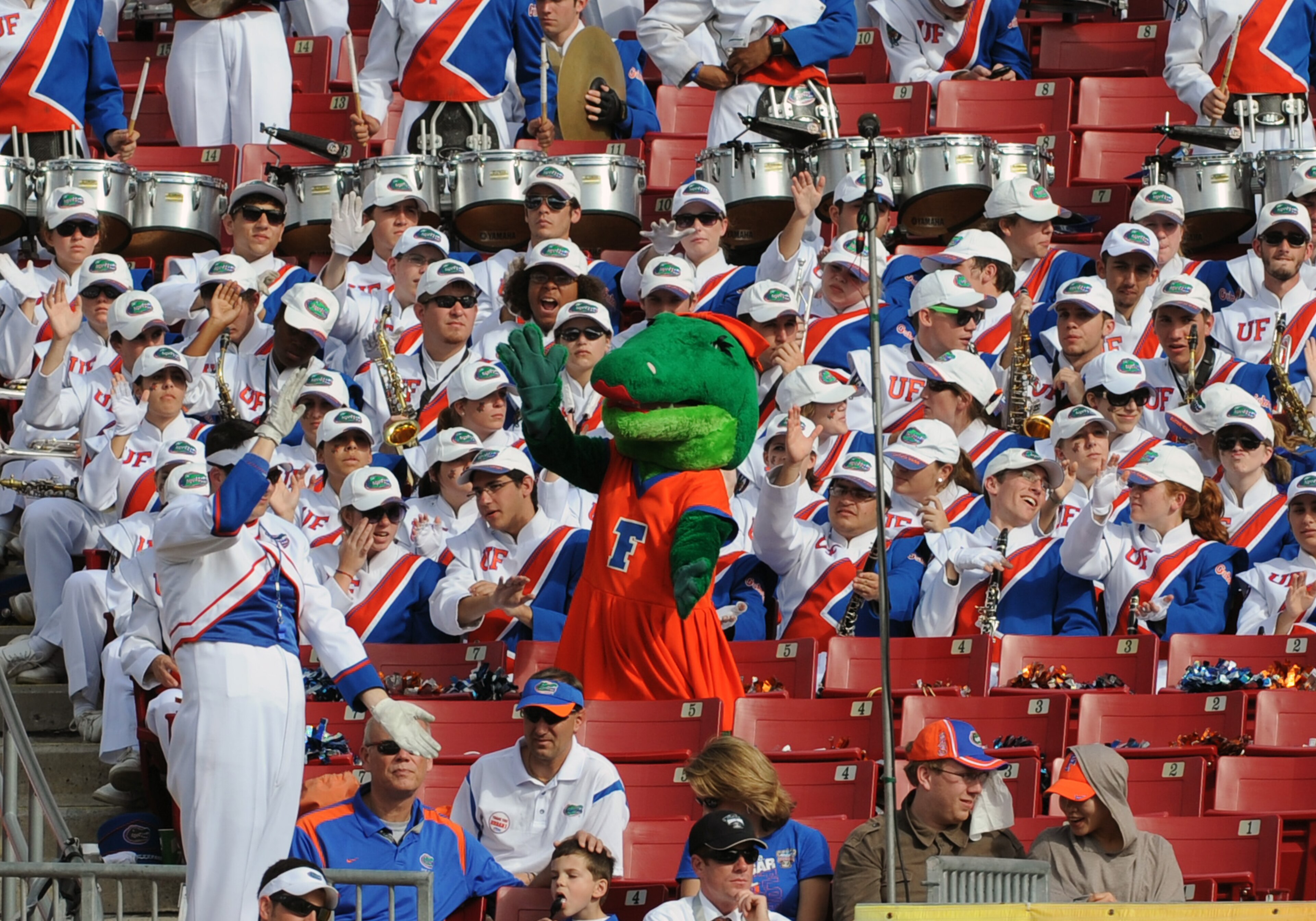 TAMPA, FL - JANUARY 1: The mascot of the Florida Gators directs the play of the band against the Penn State Nittany Lions January 1, 2010 in the 25th Outback Bowl at Raymond James Stadium in Tampa, Florida. (Photo by Al Messerschmidt/Getty Images) TAMPA, FL - JANUARY 1: The mascot of the Florida Gators directs the play of the band against the Penn State Nittany Lions January 1, 2010 in the 25th Outback Bowl at Raymond James Stadium in Tampa, Florida. (Photo by Al Messerschmidt/Getty Images)