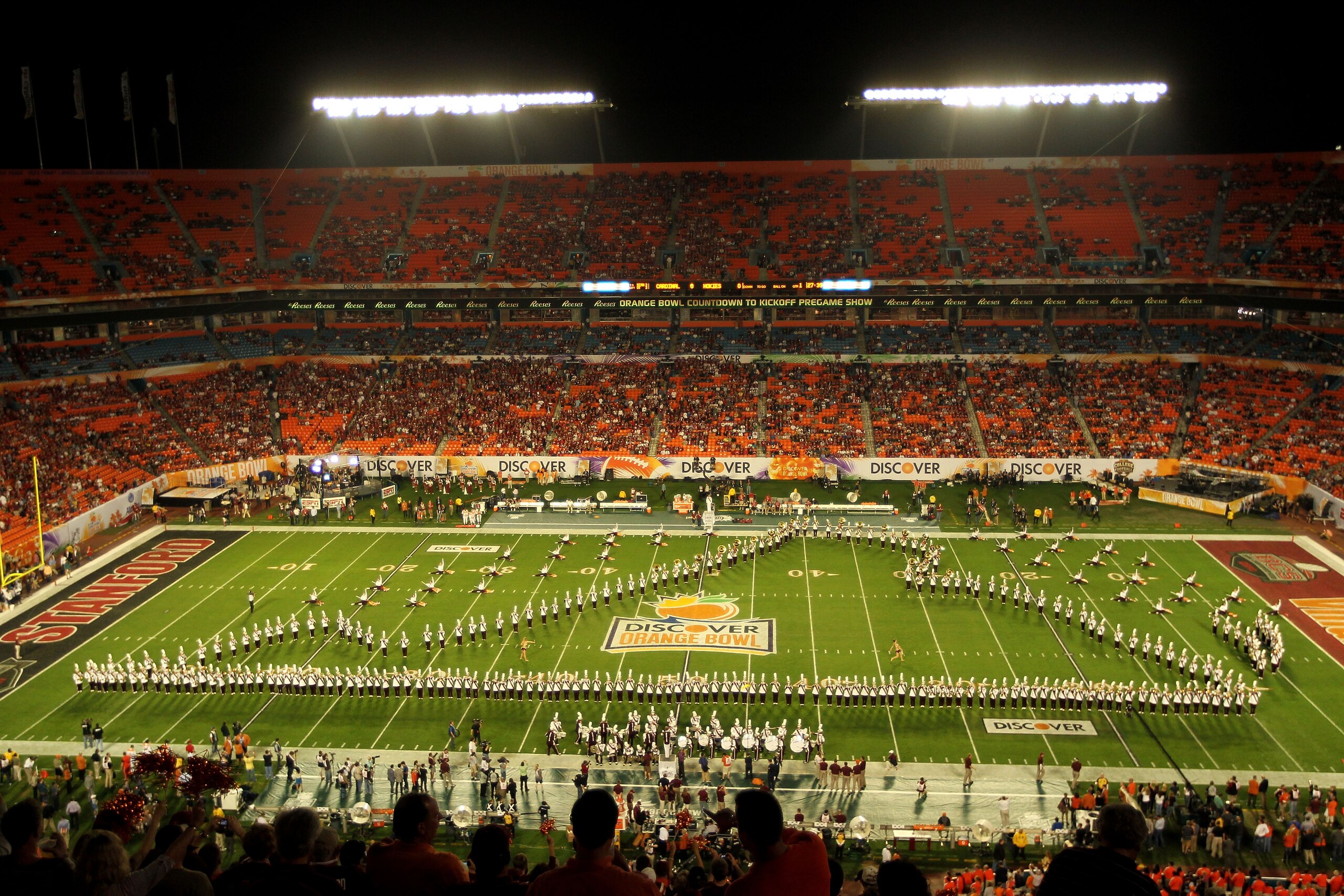 MIAMI, FL - JANUARY 03:  The Virginia Tech Hokies marching band performs prior to the Hokies playing against the Stanford Cardinal during the 2011 Discover Orange Bowl at Sun Life Stadium on January 3, 2011 in Miami, Florida.  (Photo by Mike Ehrmann/Getty