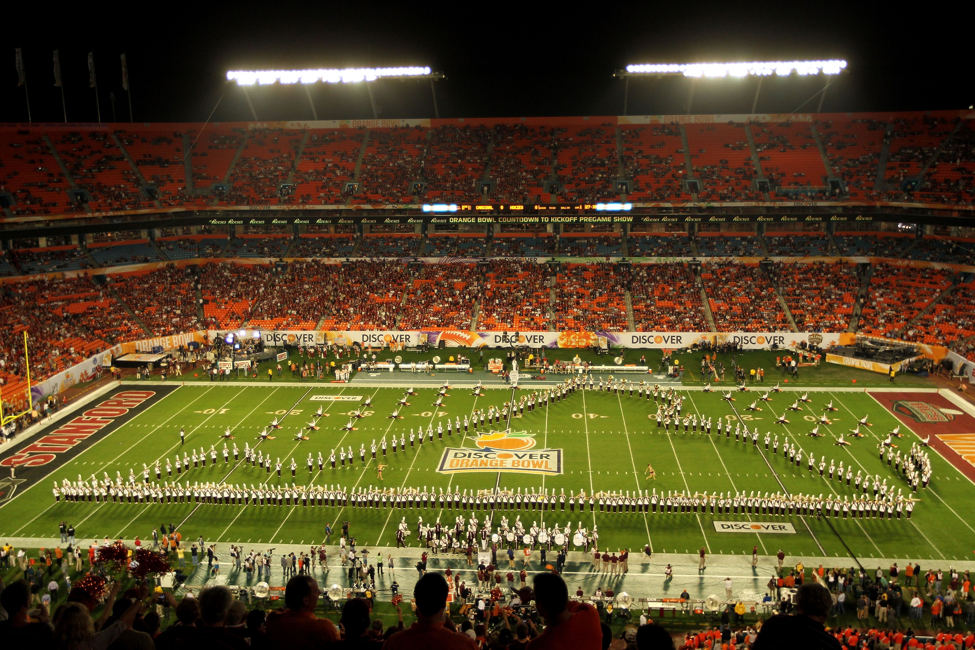 MIAMI, FL - JANUARY 03: The Virginia Tech Hokies marching band performs prior to the Hokies playing against the Stanford Cardinal during the 2011 Discover Orange Bowl at Sun Life Stadium on January 3, 2011 in Miami, Florida. (Photo by Mike Ehrmann/Getty MIAMI, FL - JANUARY 03: The Virginia Tech Hokies marching band performs prior to the Hokies playing against the Stanford Cardinal during the 2011 Discover Orange Bowl at Sun Life Stadium on January 3, 2011 in Miami, Florida. (Photo by Mike Ehrmann/Getty