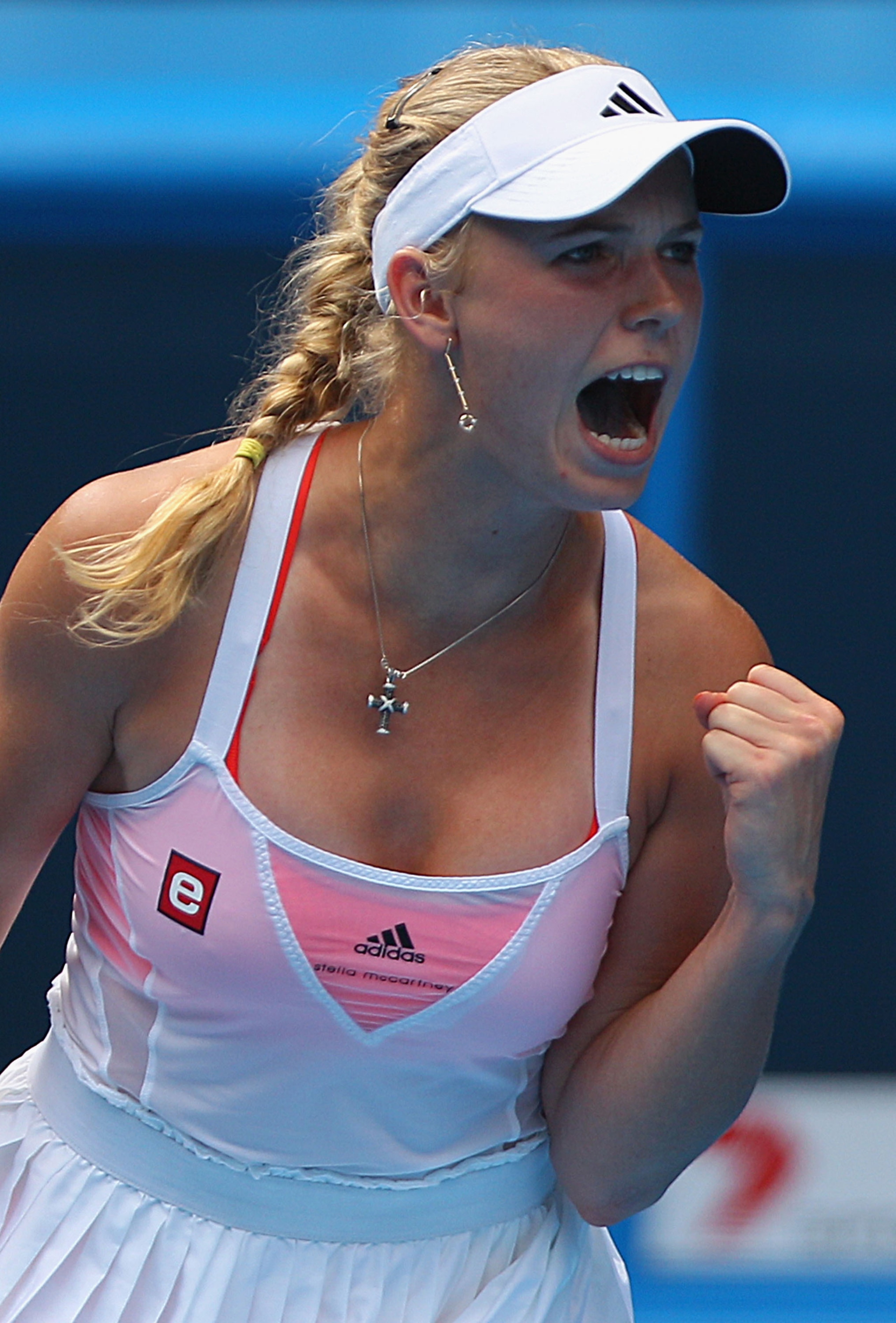 MELBOURNE, AUSTRALIA - JANUARY 25:  Caroline Wozniacki of Denmark celebrates a point in her quarterfinal match against Francesca Schiavone during day nine of the 2011 Australian Open at Melbourne Park on January 25, 2011 in Melbourne, Australia.  (Photo b