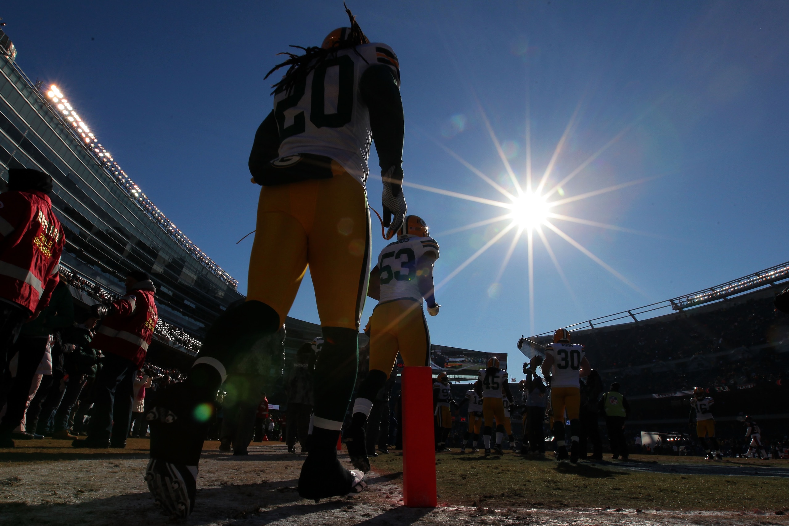 CHICAGO, IL - JANUARY 23: Atari Bigby #20 of the Green Bay Packers runs out on the field to take on the Chicago Bears during the NFC Championship Game at Soldier Field on January 23, 2011 in Chicago, Illinois. (Photo by Doug Pensinger/Getty Images) CHICAGO, IL - JANUARY 23: Atari Bigby #20 of the Green Bay Packers runs out on the field to take on the Chicago Bears during the NFC Championship Game at Soldier Field on January 23, 2011 in Chicago, Illinois. (Photo by Doug Pensinger/Getty Images)