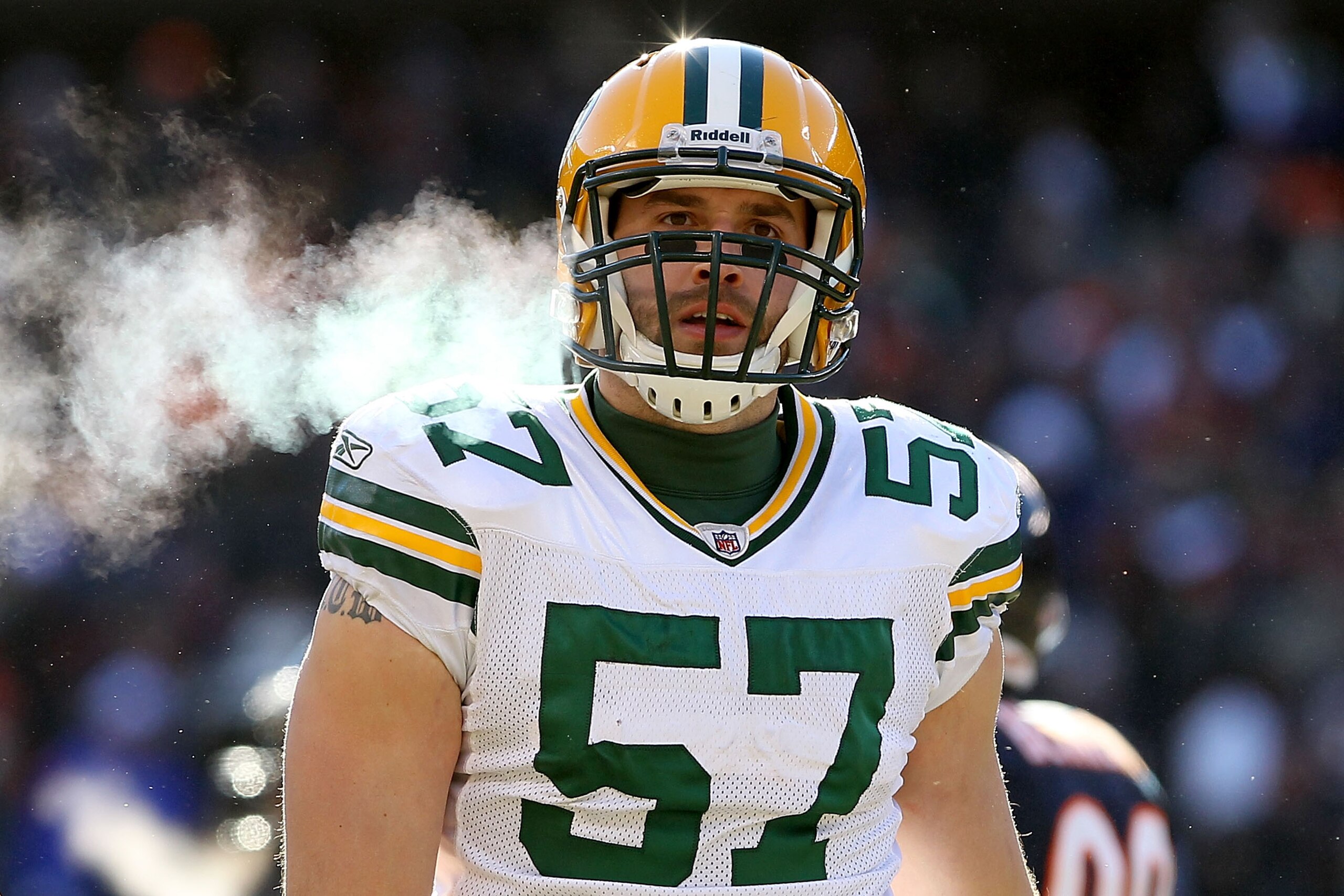 CHICAGO, IL - JANUARY 23: Matt Wilhelm #57 of the Green Bay Packers looks on while taking on the Chicago Bears in the NFC Championship Game at Soldier Field on January 23, 2011 in Chicago, Illinois. (Photo by Doug Pensinger/Getty Images) CHICAGO, IL - JANUARY 23: Matt Wilhelm #57 of the Green Bay Packers looks on while taking on the Chicago Bears in the NFC Championship Game at Soldier Field on January 23, 2011 in Chicago, Illinois. (Photo by Doug Pensinger/Getty Images)