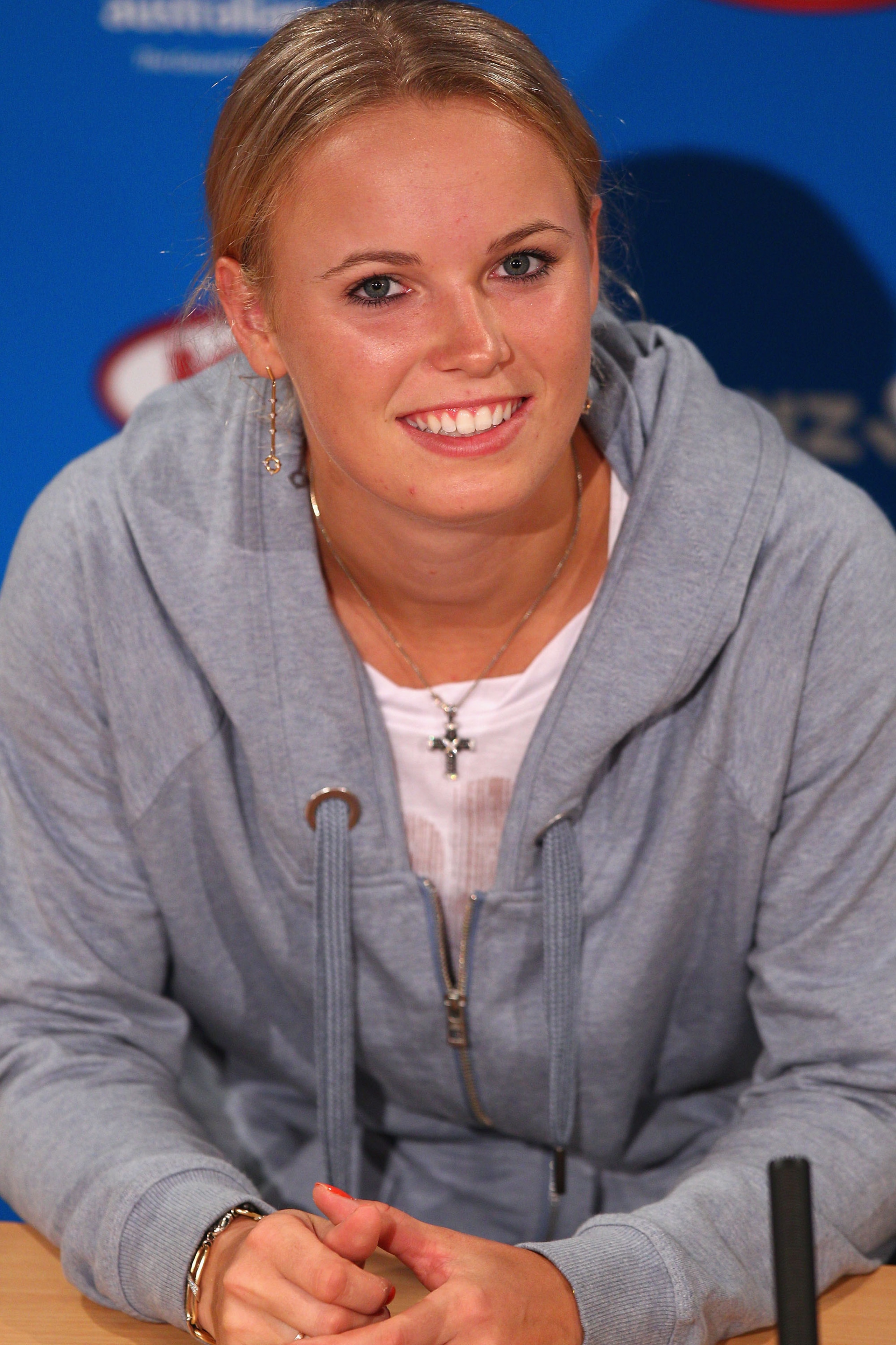 MELBOURNE, AUSTRALIA - JANUARY 25:  Caroline Wozniacki of Denmark attends a press conference after winning her quarterfinal match against Francesca Schiavone of Italy during day nine of the 2011 Australian Open at Melbourne Park on January 25, 2011 in Mel