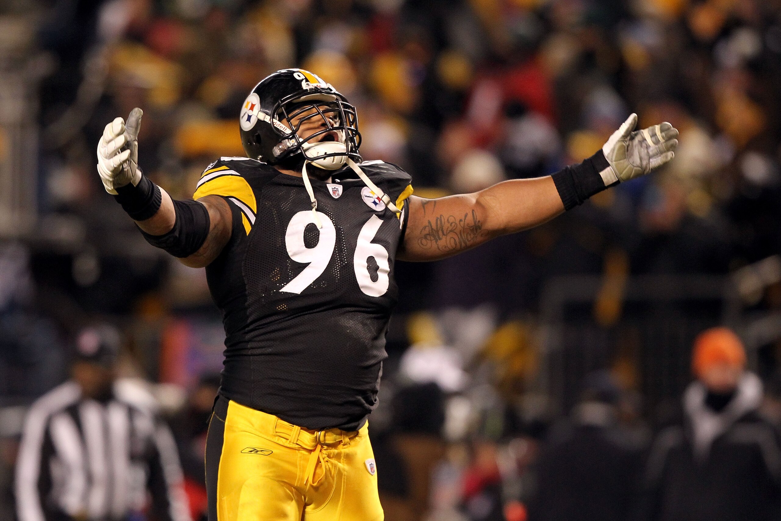 PITTSBURGH, PA - JANUARY 23: Ziggy Hood #96 of the Pittsburgh Steelers celebrates William Gay's second quarter touchdown scored after Mark Sanchez #6 of the New York Jets fumbled during the 2011 AFC Championship game at Heinz Field on January 23, 2011 in PITTSBURGH, PA - JANUARY 23: Ziggy Hood #96 of the Pittsburgh Steelers celebrates William Gay's second quarter touchdown scored after Mark Sanchez #6 of the New York Jets fumbled during the 2011 AFC Championship game at Heinz Field on January 23, 2011 in
