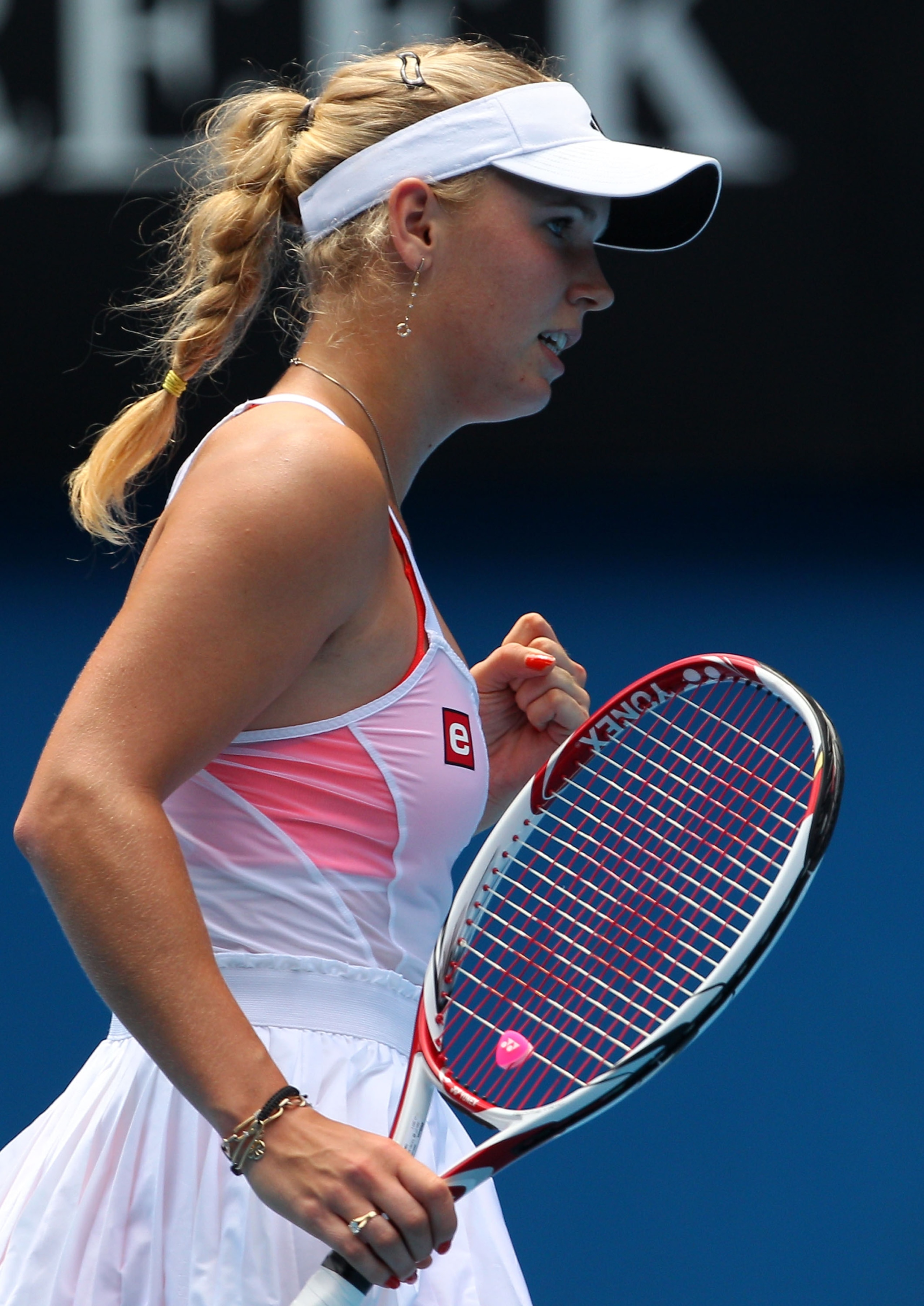 MELBOURNE, AUSTRALIA - JANUARY 27:  Caroline Wozniacki of Denmark celebrates winning a point in her semifinal match against Na Li of China during day eleven of the 2011 Australian Open at Melbourne Park on January 27, 2011 in Melbourne, Australia.  (Photo