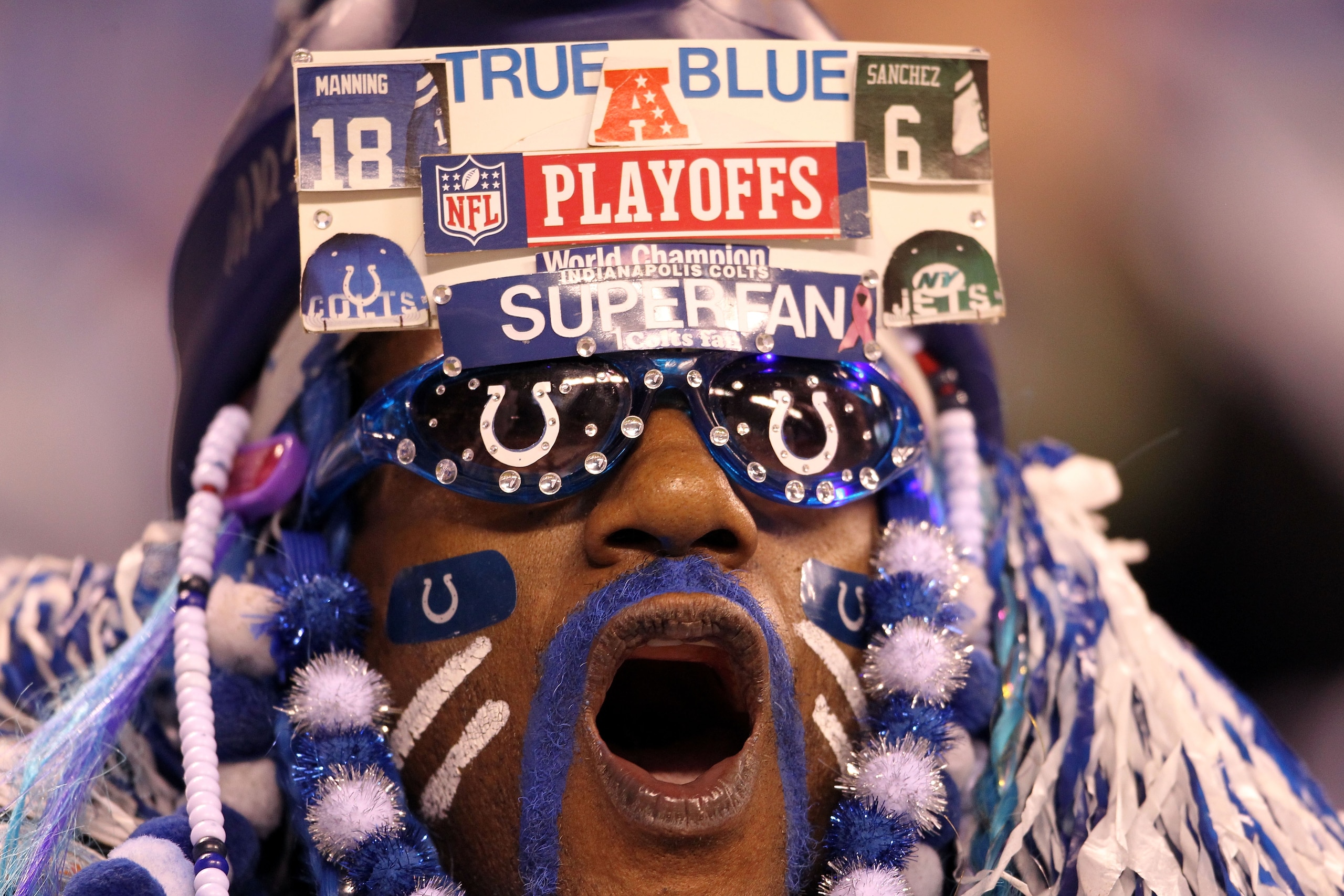 INDIANAPOLIS, IN - JANUARY 08: A fan of the Indianapolis Colts supports his team against the New York Jets during their 2011 AFC wild card playoff game at Lucas Oil Stadium on January 8, 2011 in Indianapolis, Indiana. (Photo by Andy Lyons/Getty Images) INDIANAPOLIS, IN - JANUARY 08: A fan of the Indianapolis Colts supports his team against the New York Jets during their 2011 AFC wild card playoff game at Lucas Oil Stadium on January 8, 2011 in Indianapolis, Indiana. (Photo by Andy Lyons/Getty Images)