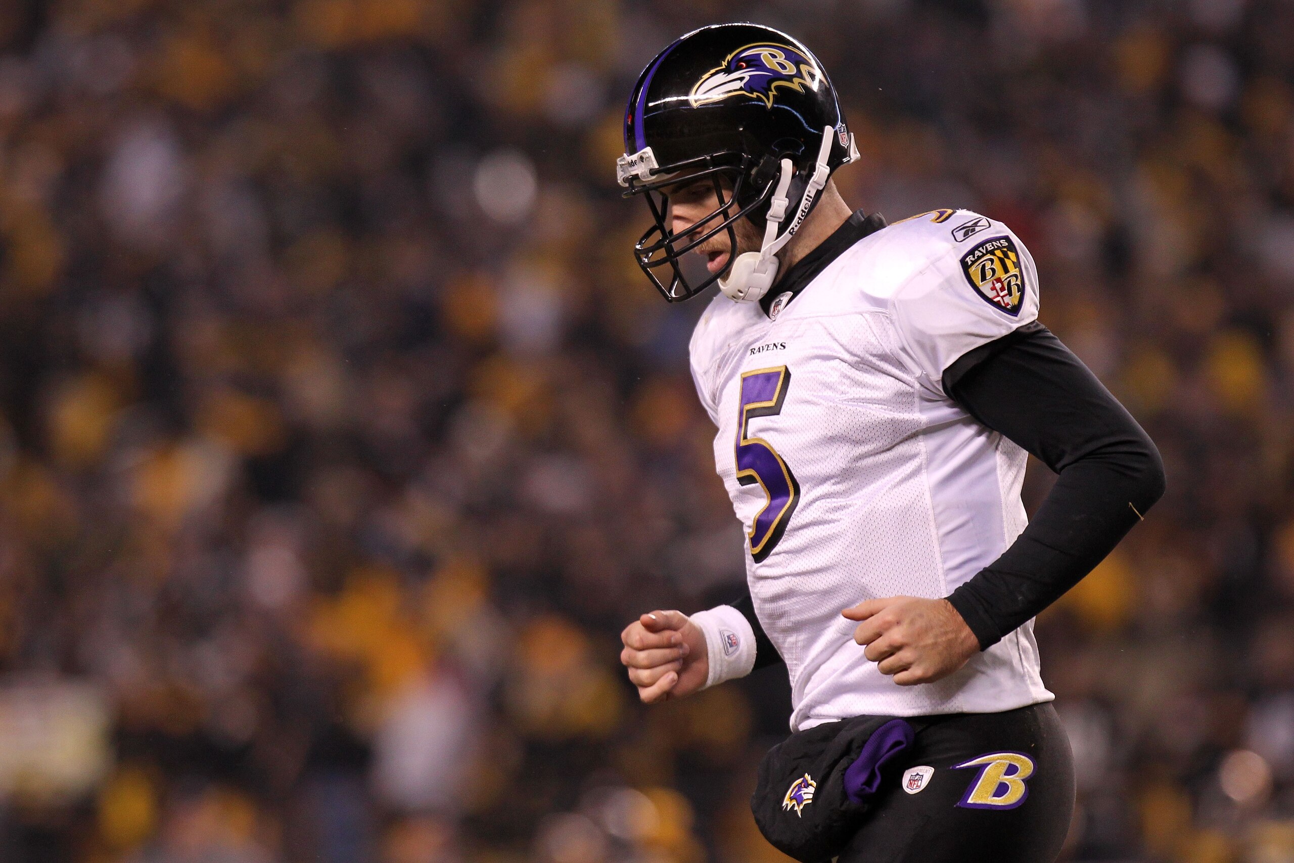 PITTSBURGH, PA - JANUARY 15: Quarterback Joe Flacco #5 of the Baltimore Ravens jogs off the field against the Pittsburgh Steelers in the AFC Divisional Playoff Game at Heinz Field on January 15, 2011 in Pittsburgh, Pennsylvania. (Photo by Nick Laham/Get PITTSBURGH, PA - JANUARY 15: Quarterback Joe Flacco #5 of the Baltimore Ravens jogs off the field against the Pittsburgh Steelers in the AFC Divisional Playoff Game at Heinz Field on January 15, 2011 in Pittsburgh, Pennsylvania. (Photo by Nick Laham/Get