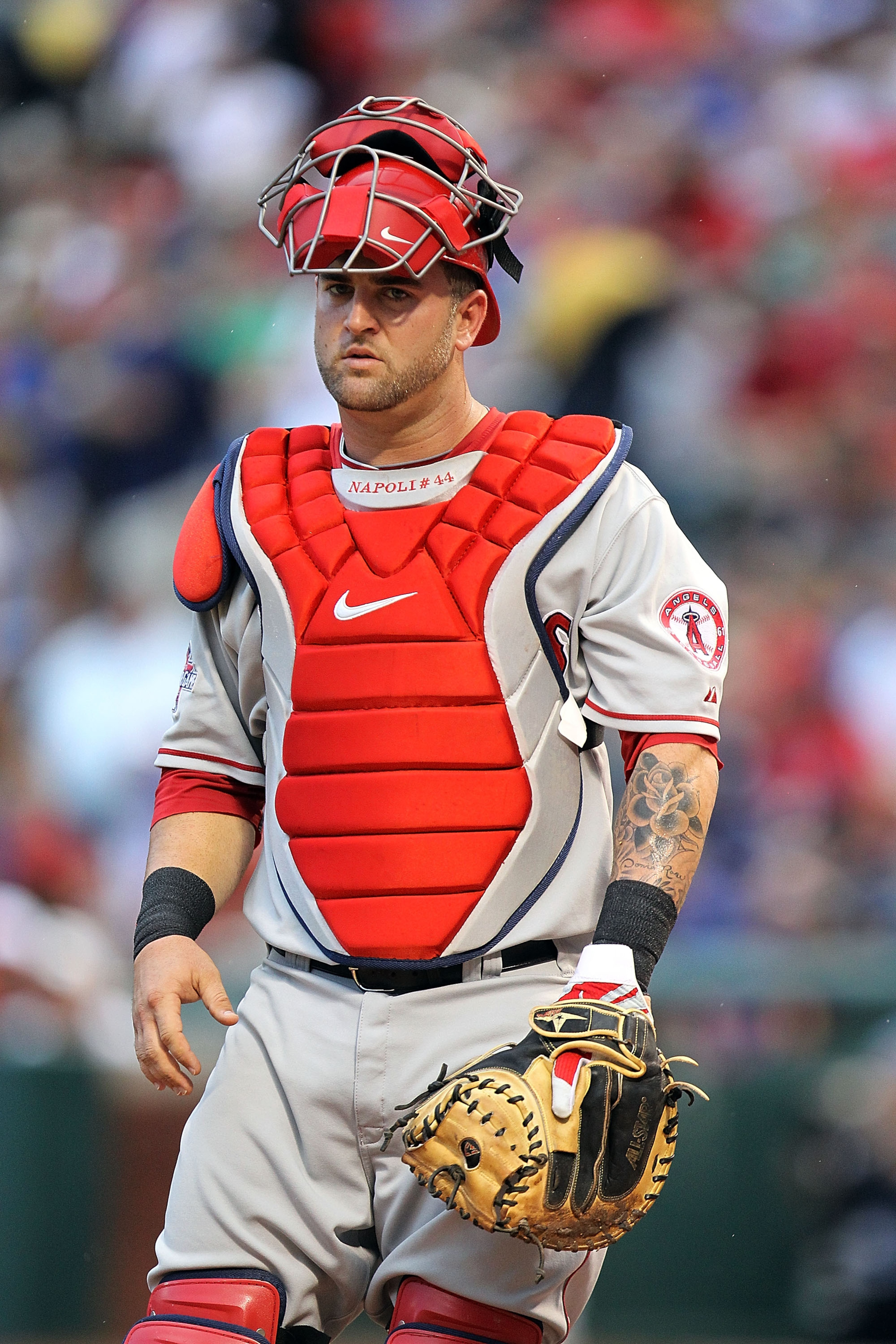 ARLINGTON, TX - JULY 23:  Mike Napoli #44 of the Los Angeles Angels of Anaheim on July 23, 2010 at Rangers Ballpark in Arlington, Texas.  (Photo by Ronald Martinez/Getty Images)