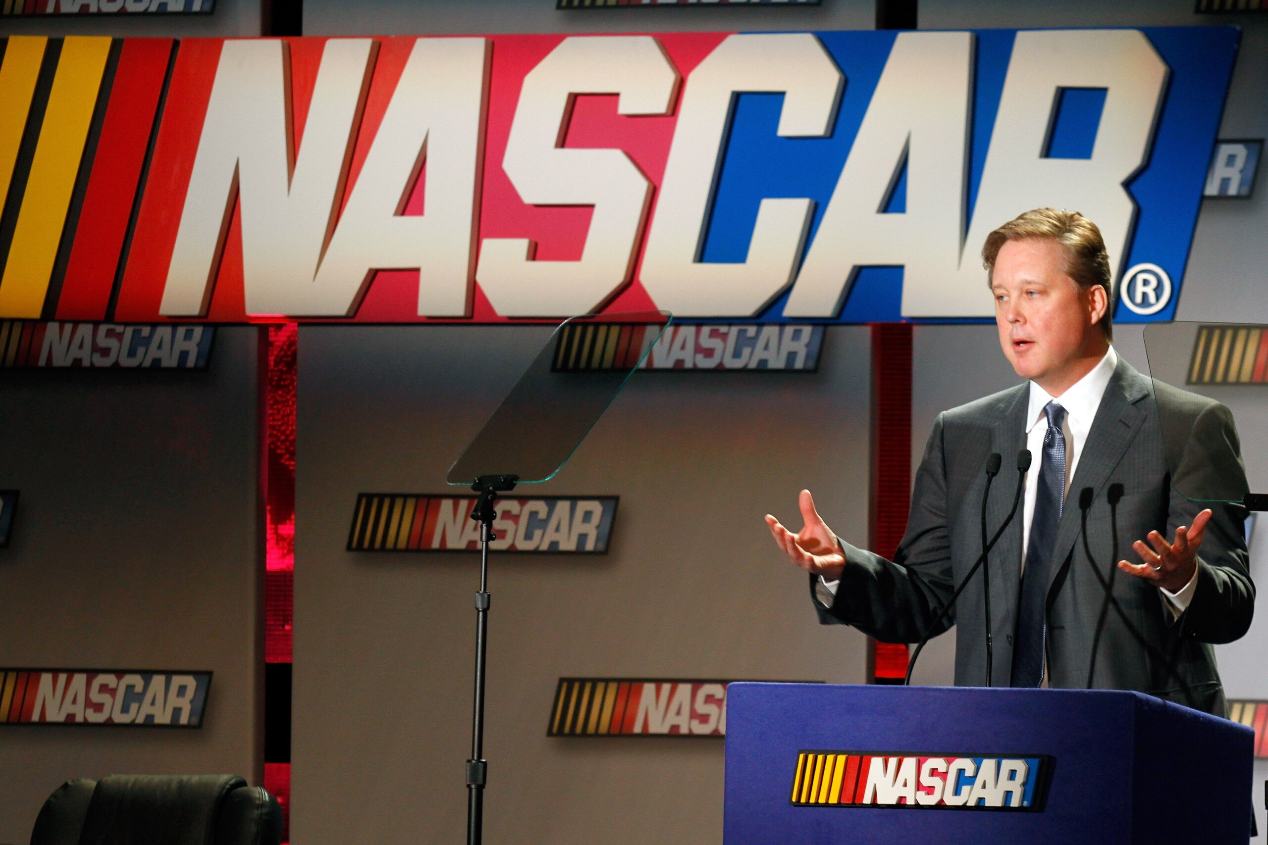 CHARLOTTE, NC - JANUARY 26:  NASCAR CEO and Chairman Brian France speaks to the media during the NASCAR Sprint Media Tour hosted by Charlotte Motor Speedway, held at the NASCAR Hall of Fame on January 26, 2011 in Charlotte, North Carolina.  (Photo by Jaso