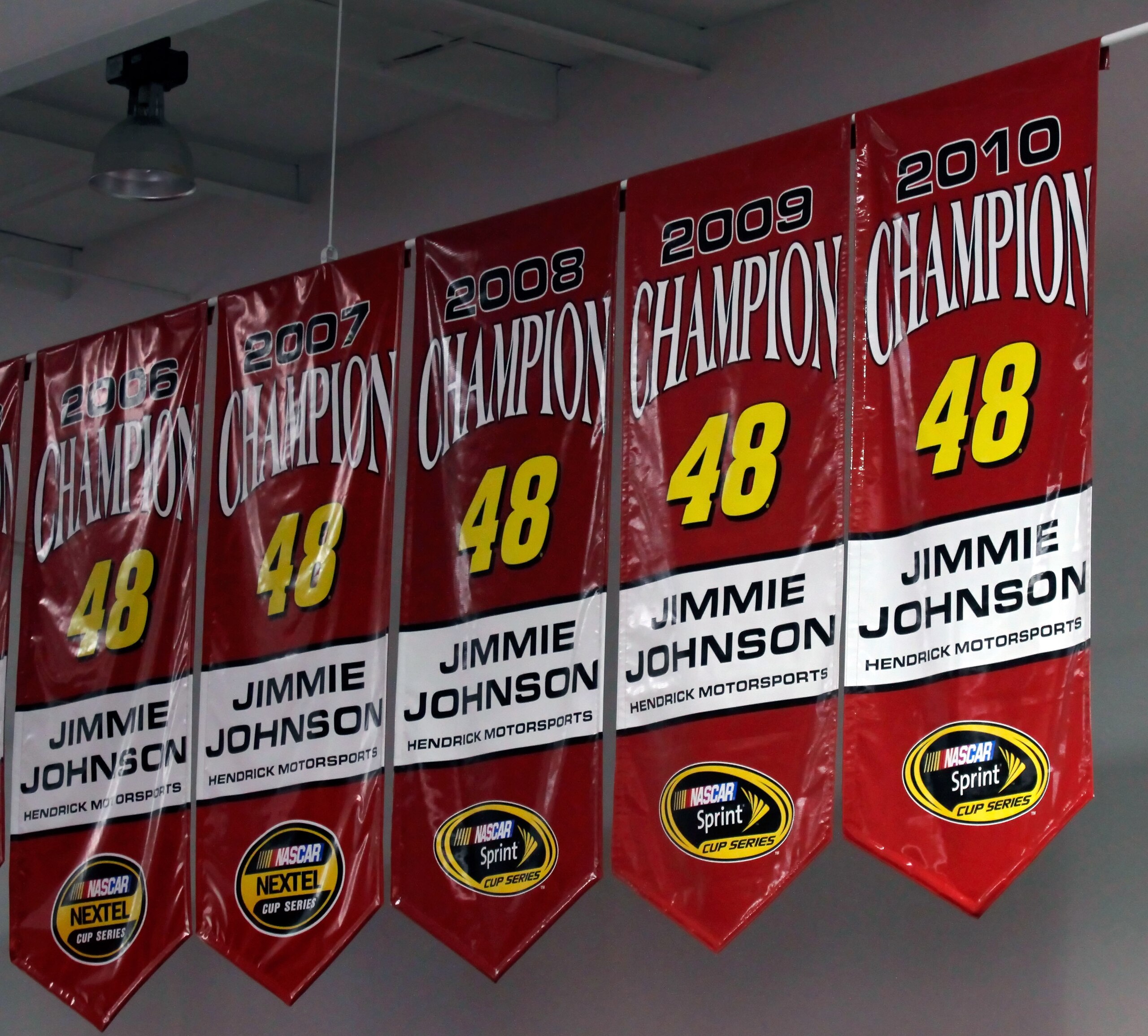 CONCORD, NC - JANUARY 26:  A general view of five championship banners of Jimmie Johnson (not pictured), driver of the #48 Lowe's Chevrolet, as seen during the NASCAR Sprint Media Tour hosted by Charlotte Motor Speedway, held at Hendrick Motorsports on Ja