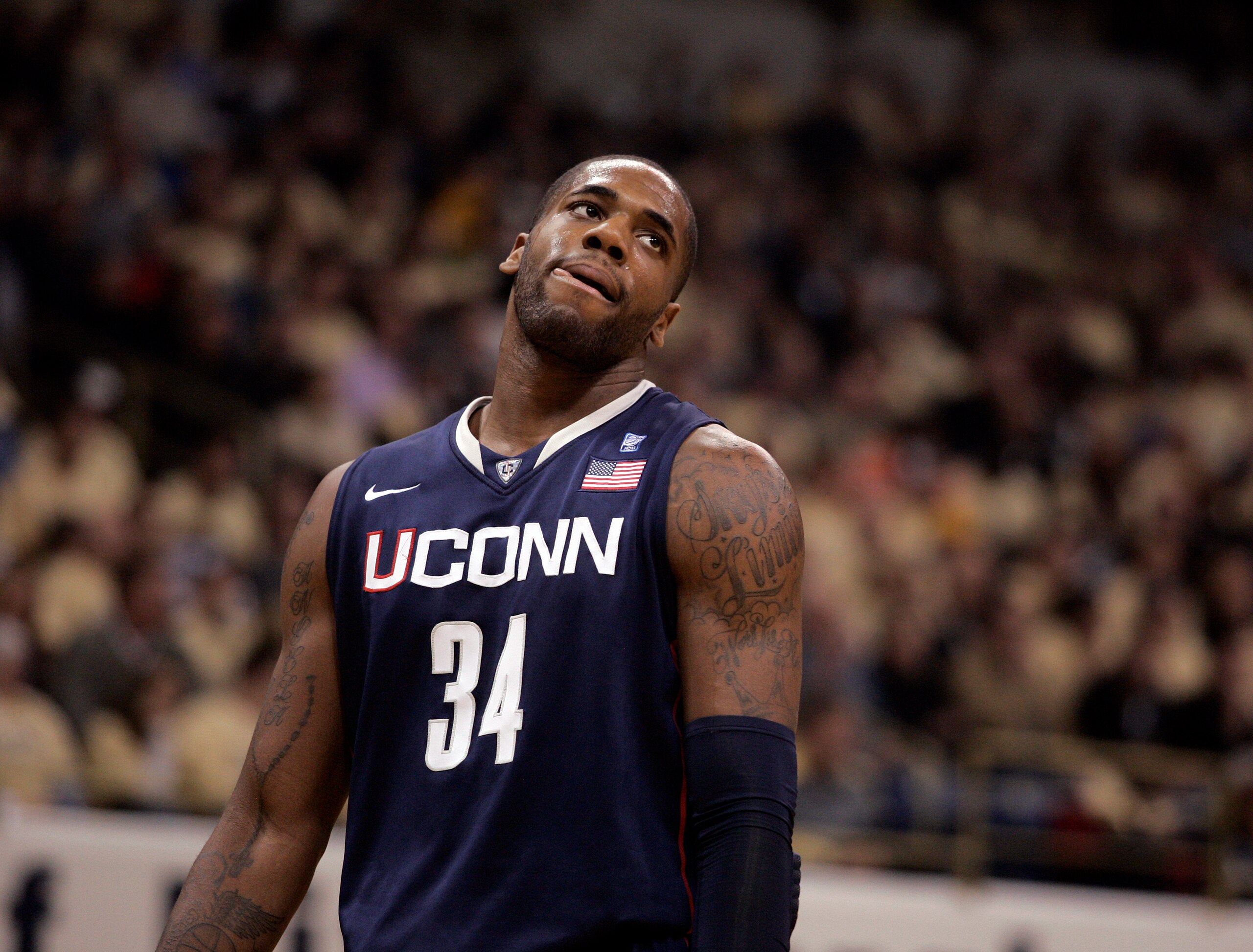 PITTSBURGH, PA - DECEMBER 27:  Alex Oriakhi #34 of the Connecticut Huskies reacts to taking a foul against the Pittsburgh Panthers at Petersen Events Center on December 27, 2010 in Pittsburgh, Pennsylvania.  Pittsburgh defeated Connecticut 78-64.  (Photo