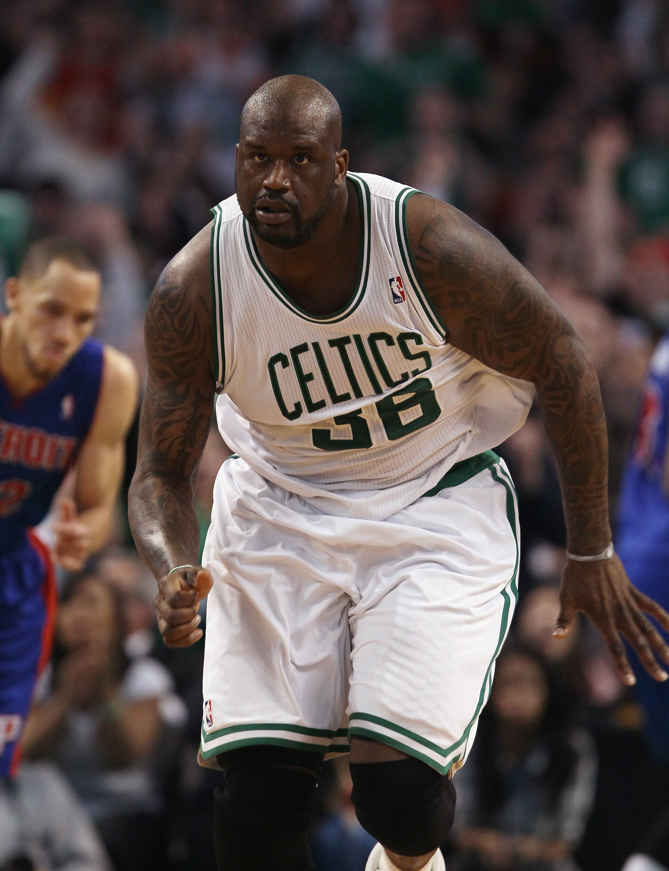 BOSTON, MA - JANUARY 19:  Shaquille O'Neal #36 of the Boston Celtics celebrates in the fourth quarter against the Detroit Pistons on January 19, 2011 at the TD Garden in Boston, Massachusetts. The Celtics defeated the Pistons 86-82. NOTE TO USER: User exp