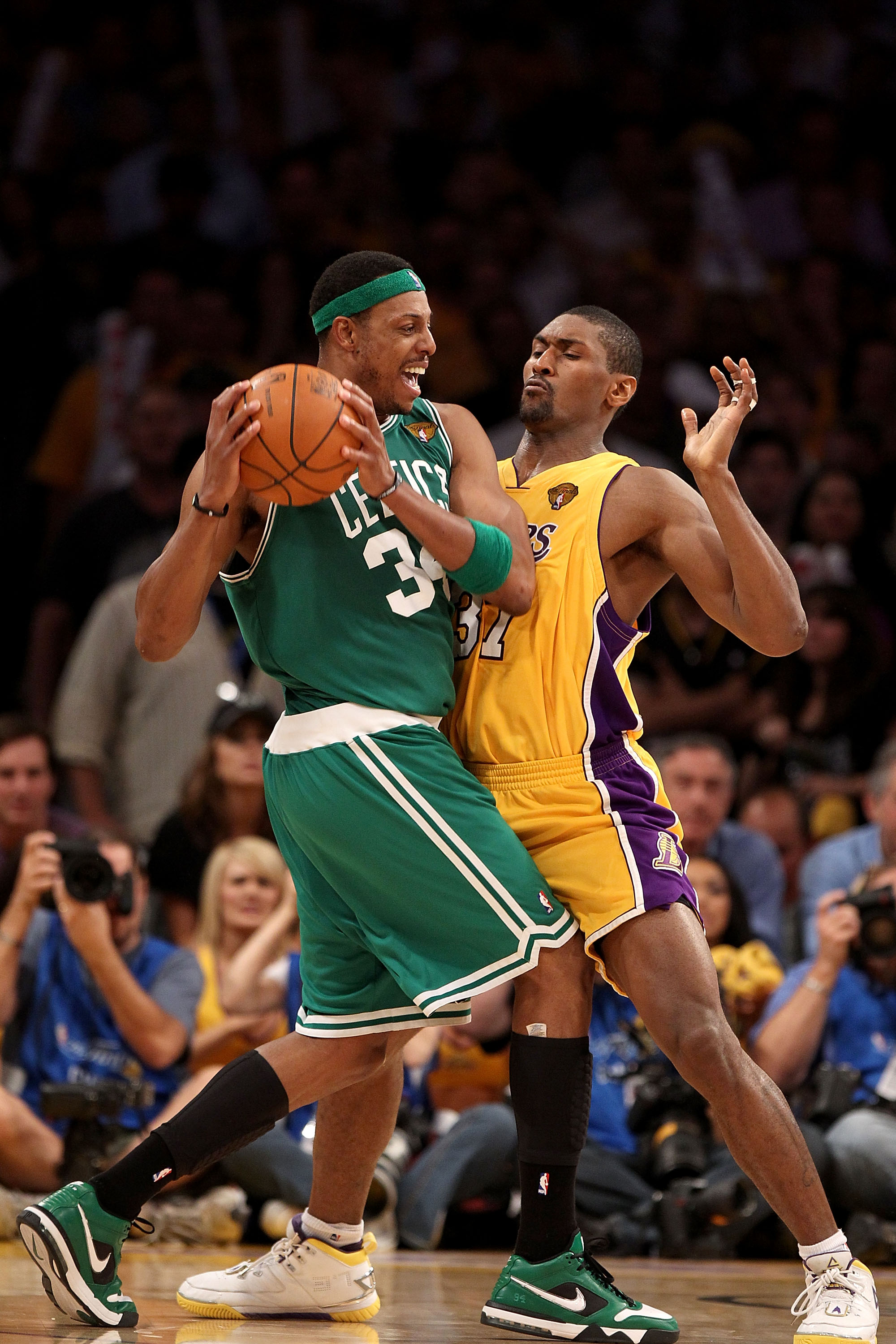 LOS ANGELES, CA - JUNE 17:  Paul Pierce #34 of the Boston Celtics goes up against Ron Artest #37 of the Los Angeles Lakers in Game Seven of the 2010 NBA Finals at Staples Center on June 17, 2010 in Los Angeles, California.  NOTE TO USER: User expressly ac
