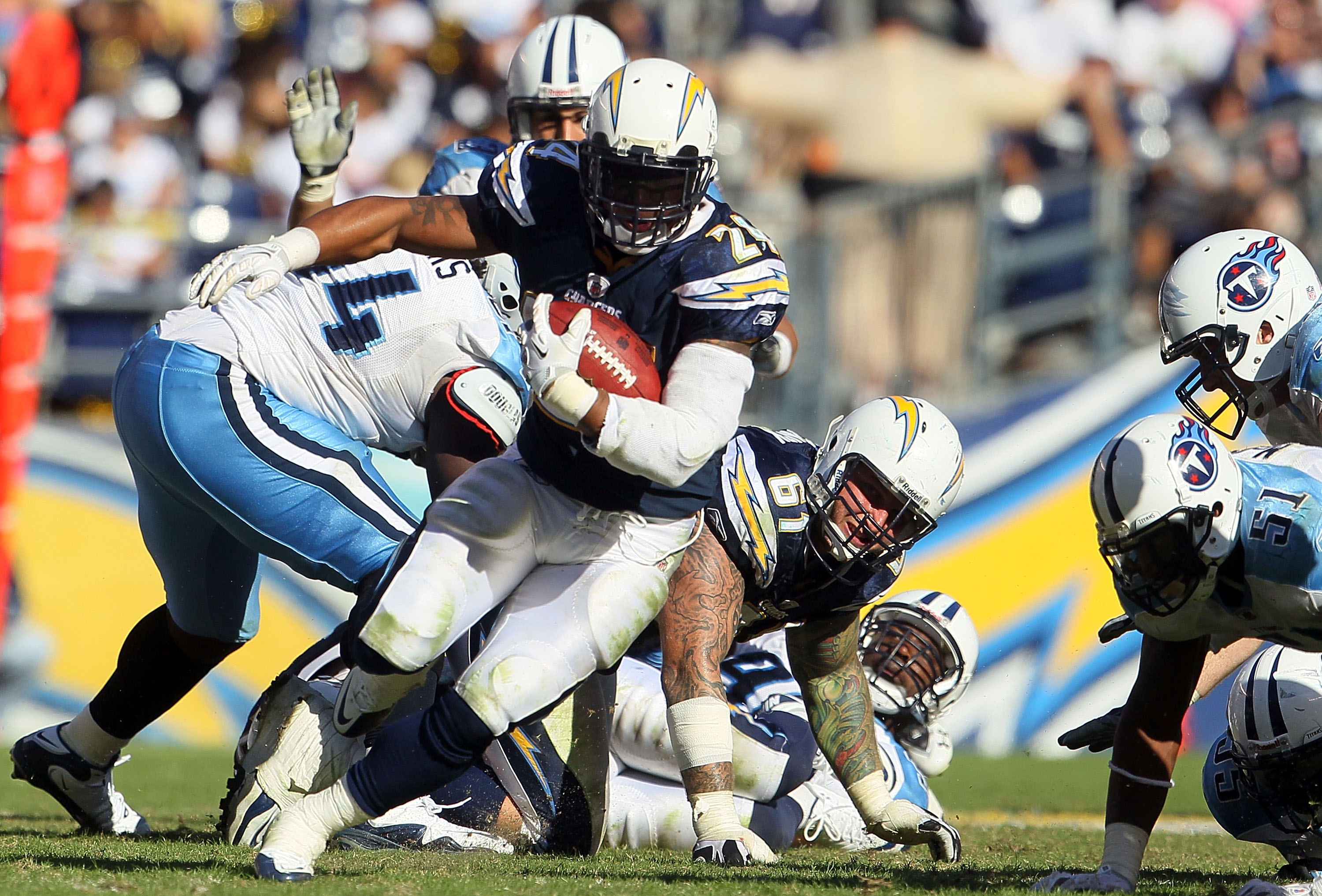 SAN DIEGO - OCTOBER 31:  Running back Ryan Mathews #24 of the San Diego Chargers carries the ball in the fouth quarter against the Tennessee Titans at Qualcomm Stadium on October 31, 2010 in San Diego, California. The Chargers defeated the Titans 33-25.
