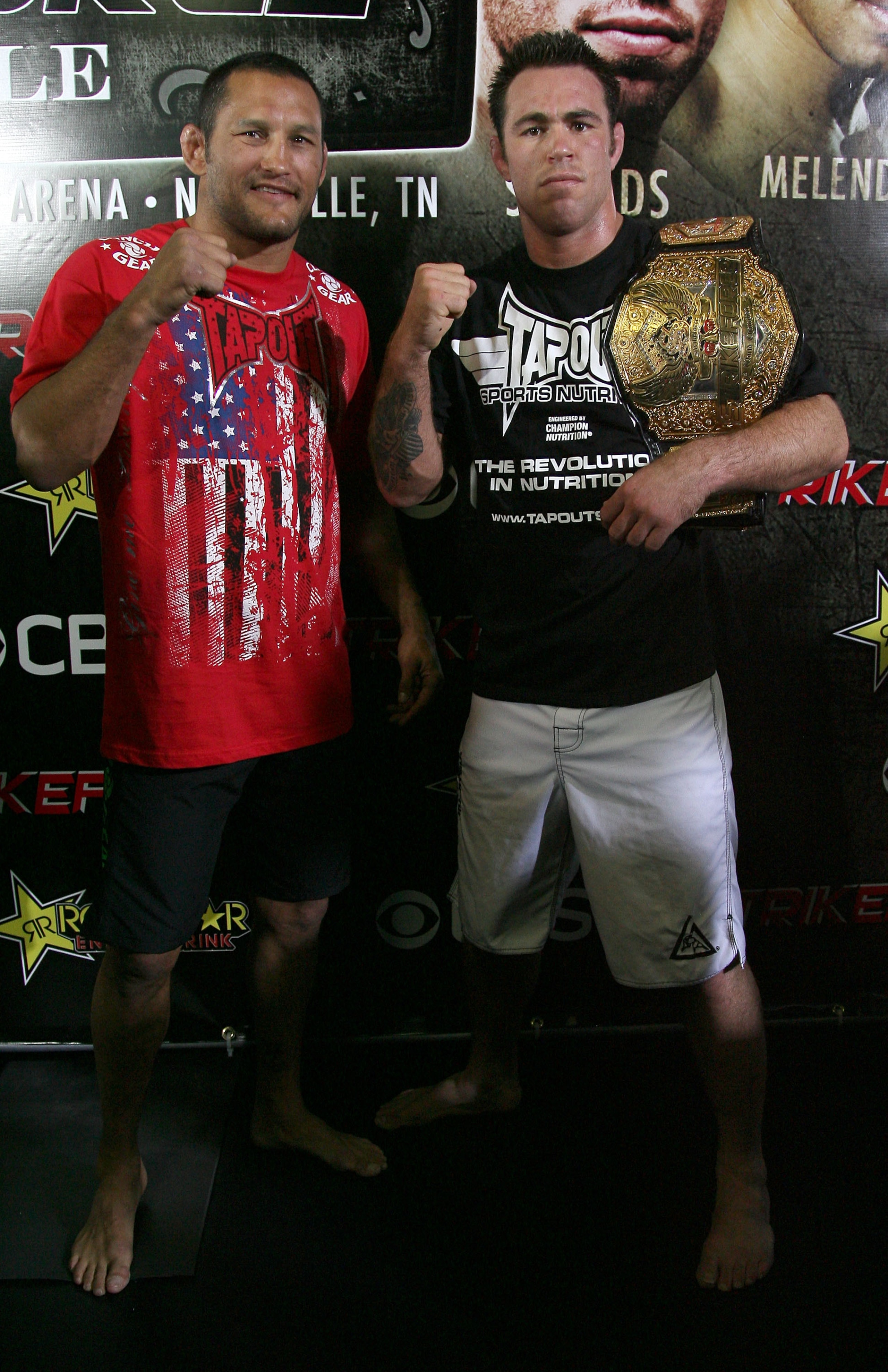 HOLLYWOOD - MARCH 17:  Legendary MMA Superstar and two time Olympic Wrestler Dan Henderson (L) and Strikeforce World Middleweight Champion Jake Shields (R)  attend the CBS' Strikeforce MMA Fighters Open Media Workout on March 17, 2010 in Hollywood, Califo