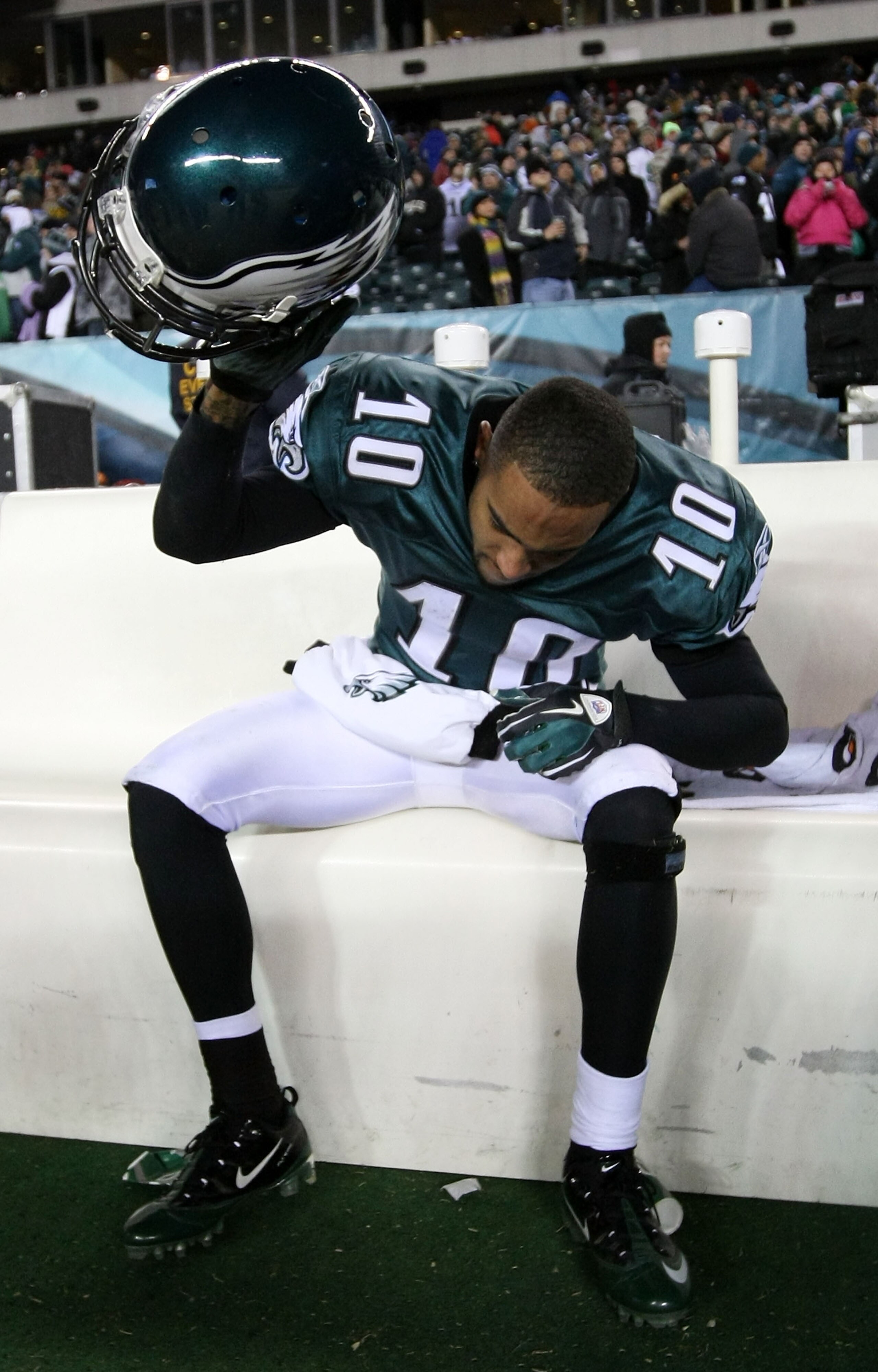 PHILADELPHIA, PA - JANUARY 09:  DeSean Jackson #10 of the Philadelphia Eagles reacts after their 16 to 21 loss to the Green Bay Packers during the 2011 NFC wild card playoff game at Lincoln Financial Field on January 9, 2011 in Philadelphia, Pennsylvania.