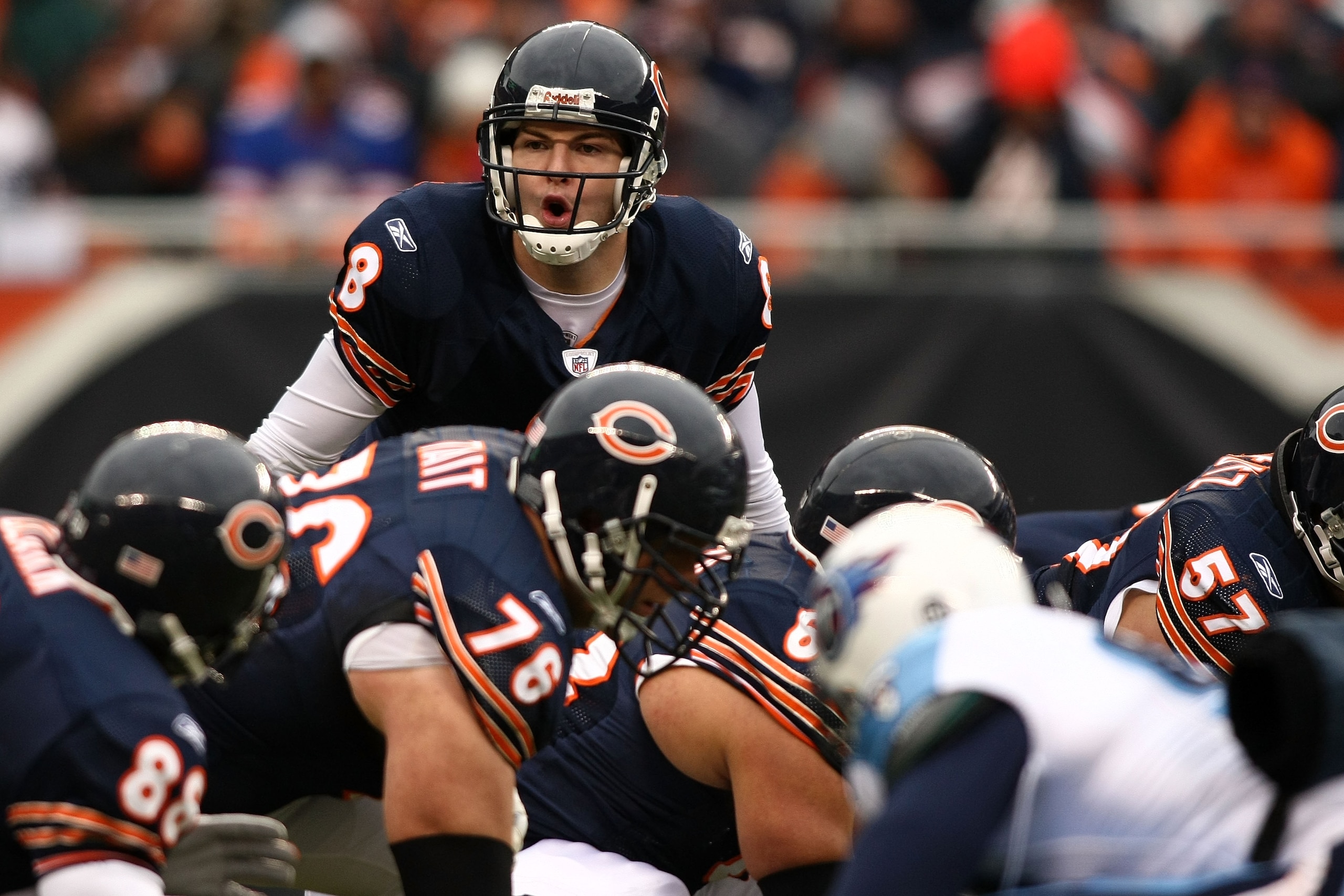 CHICAGO - NOVEMBER 09:  Rex Grossman #8 of the Chicago Bears calls out signals at the line of scrimmage against the Tennessee Titans at Soldier Field on November 9, 2008 in Chicago, Illinois.  (Photo by Jonathan Ferrey/Getty Images)