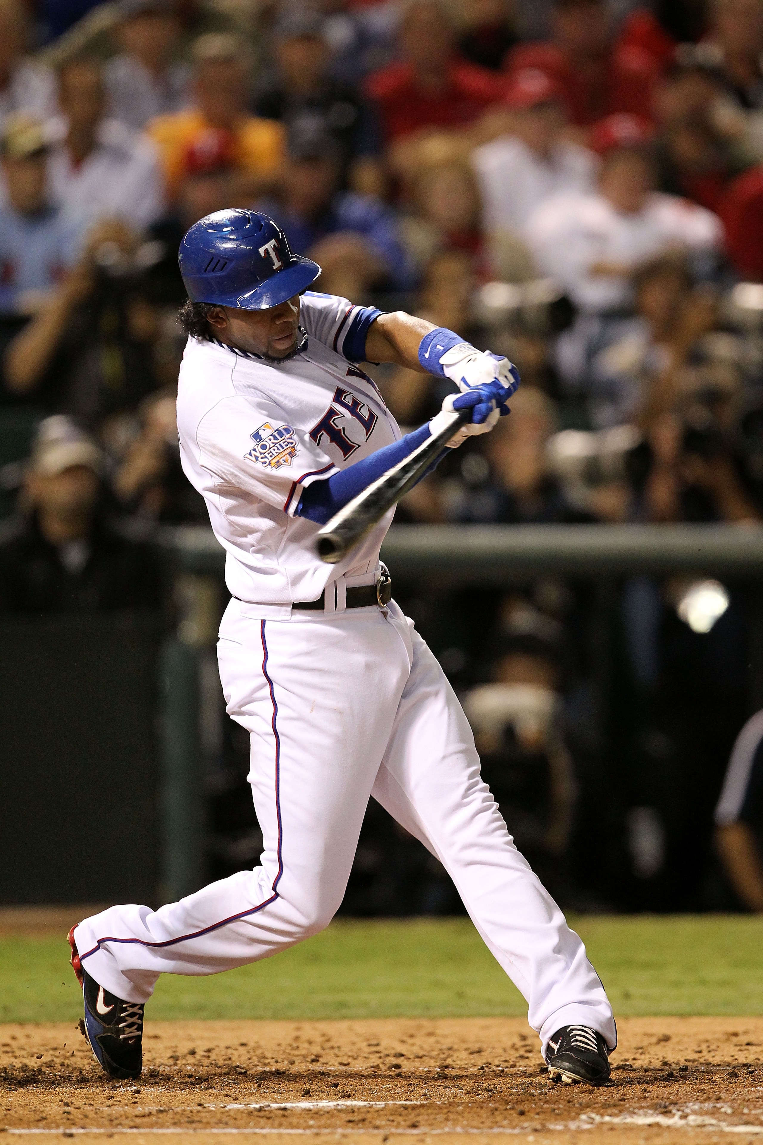 ARLINGTON, TX - NOVEMBER 01:  Elvis Andrus #1 of the Texas Rangers bats against the San Francisco Giants in Game Five of the 2010 MLB World Series at Rangers Ballpark in Arlington on November 1, 2010 in Arlington, Texas. The Giants won 3-1.  (Photo by Ron