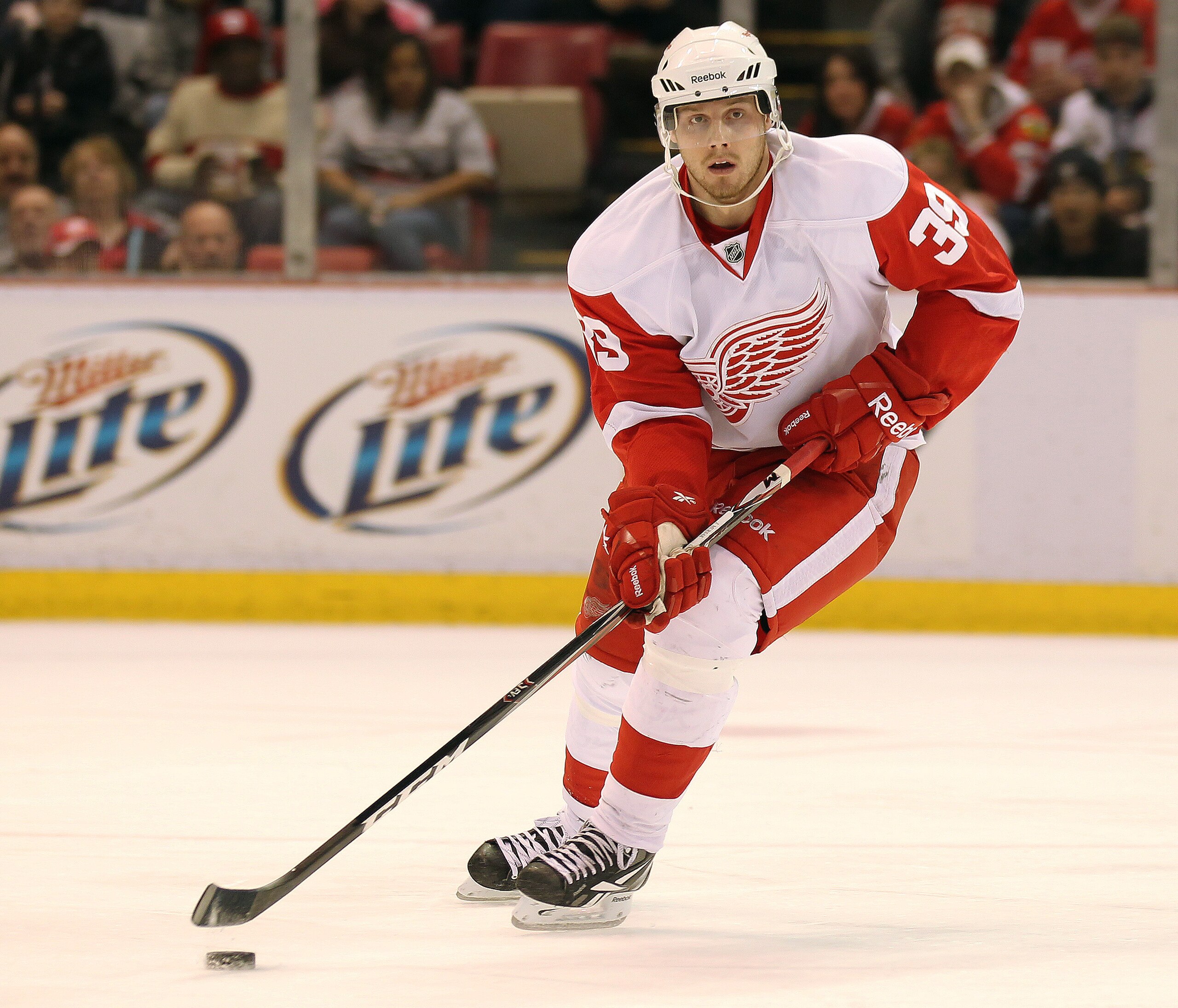 DETROIT, MI - JANUARY 22:  Jan Mursak #39 of the Detroit Red Wings skates with the puck in a game against the Chicago Black Hawks on January 22, 2011 at the Joe Louis Arena in Detroit, Michigan. The Hawks defeated the Wings 4-1. (Photo by Claus Andersen/G