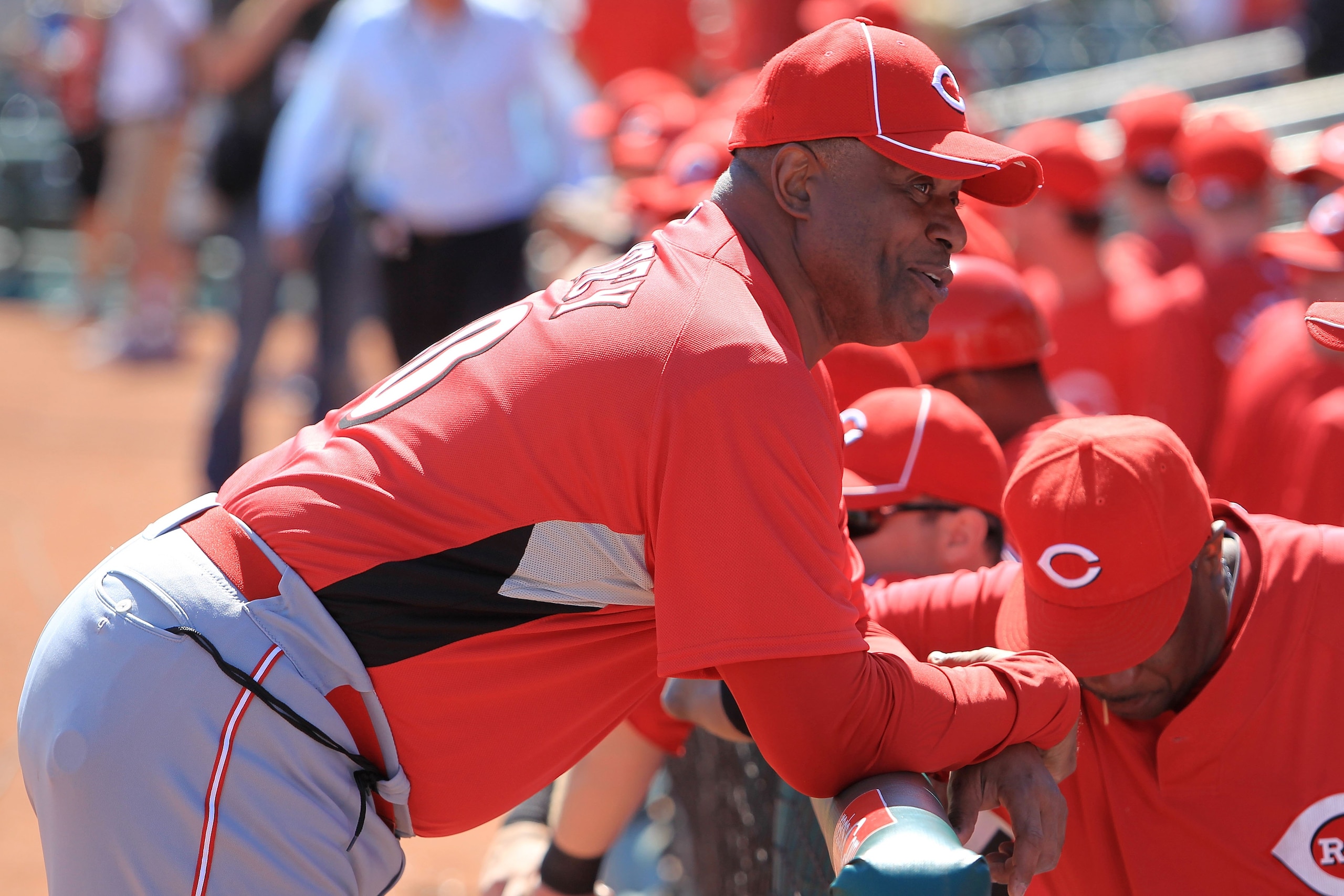 GOODYEAR, AZ - MARCH 05:  Ken Griffey Sr. jokes around prior to the start of the spring training game between the Cleveland Indians and the Cincinnati Reds at Goodyear Ballpark on March 5, 2010 in Goodyear, Arizona.  (Photo by Chris McGrath/Getty Images)