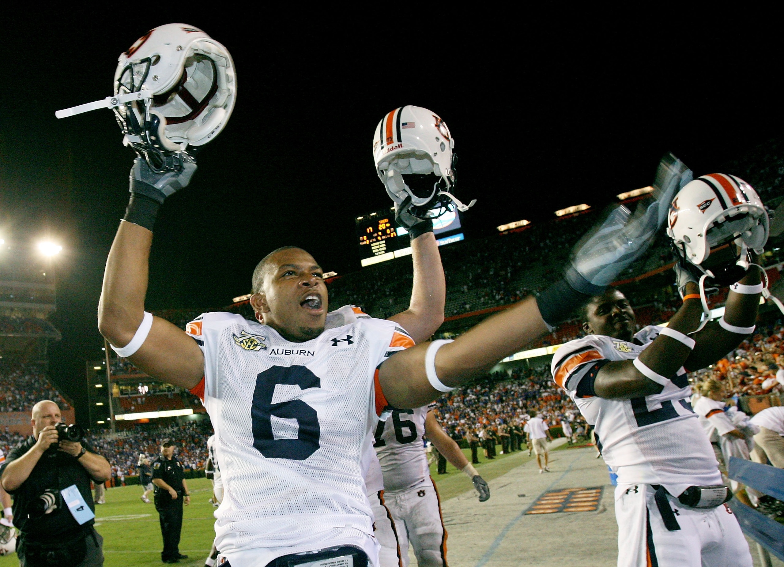 GAINESVILLE, FL - SEPTEMBER 29: Walter McFadden #6 and Ryan Williams #25 of the Auburn Tigers celebrate after defeating the Florida Gators at Ben Hill Griffin Stadium September 29, 2007 in Gainesville, Florida. Auburn defeated Florida 20-17. (Photo by D GAINESVILLE, FL - SEPTEMBER 29: Walter McFadden #6 and Ryan Williams #25 of the Auburn Tigers celebrate after defeating the Florida Gators at Ben Hill Griffin Stadium September 29, 2007 in Gainesville, Florida. Auburn defeated Florida 20-17. (Photo by D