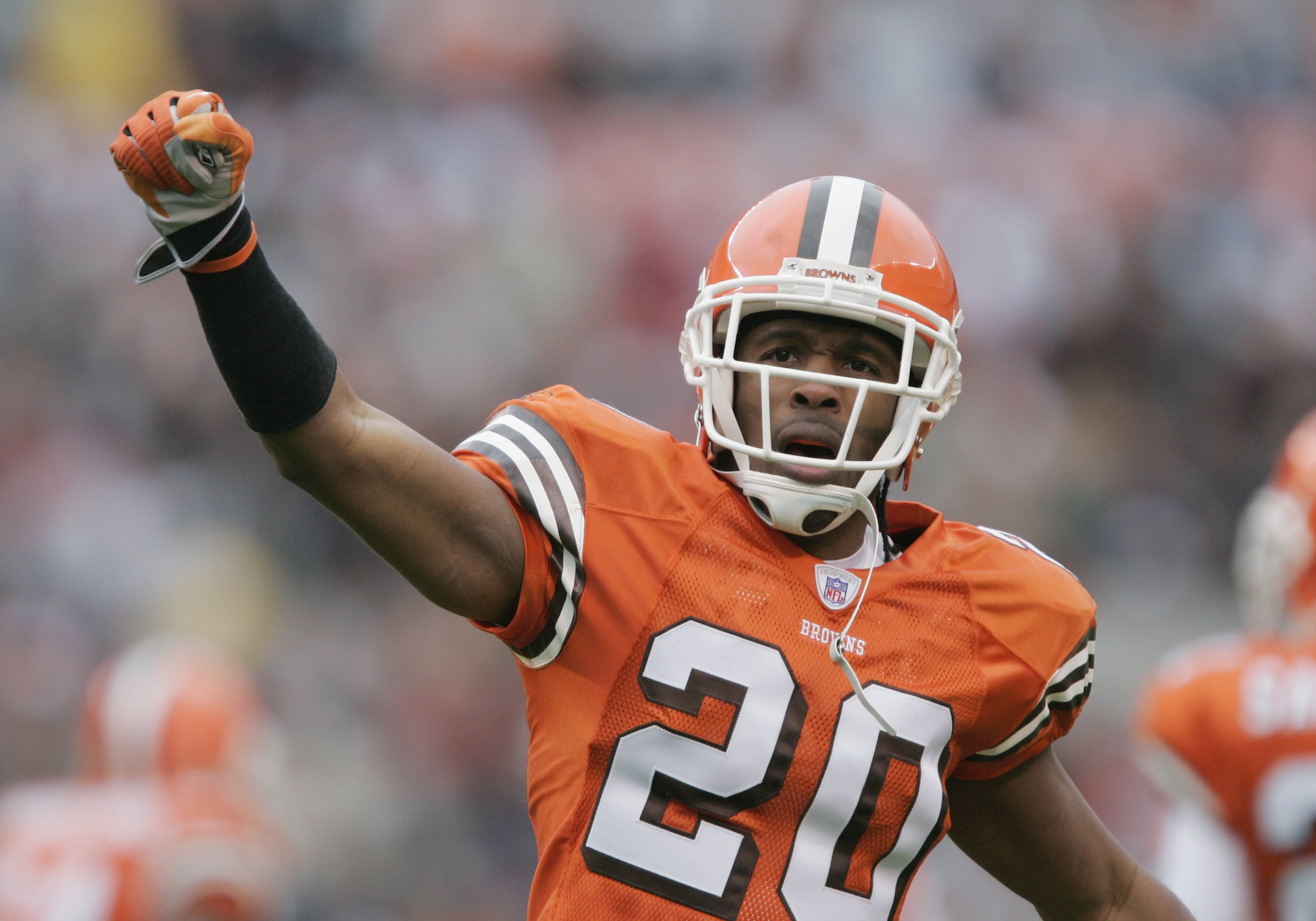 CLEVELAND - NOVEMBER 21:  Safety Earl Little #20 of the Cleveland Browns celebrates after a play against the New York Jets on November 21, 2004 at Cleveland Browns Stadium in Cleveland, Ohio. The Jets defeated the Browns 10-7. (Photo by Brian Bahr/Getty I