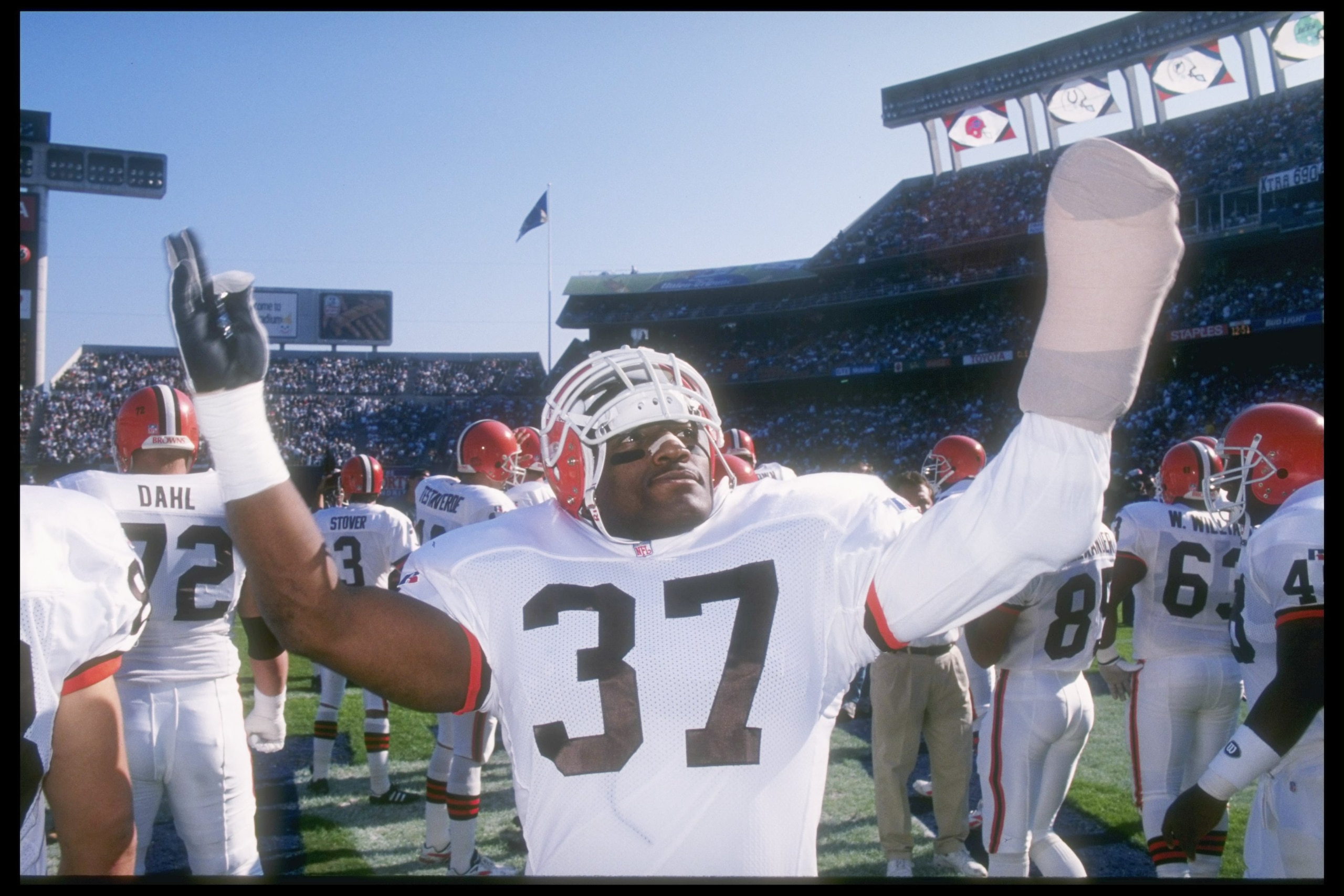 3 Dec 1995:  Defensive back Bennie Thompson of the  Cleveland Browns celebrates during a game with the San Diego Chargers at the Jack Murphy Stadium in San Diego, California. The Chargers won the game, 31-13.  Mandatory Credit: Stephen Dunn  /Allsport