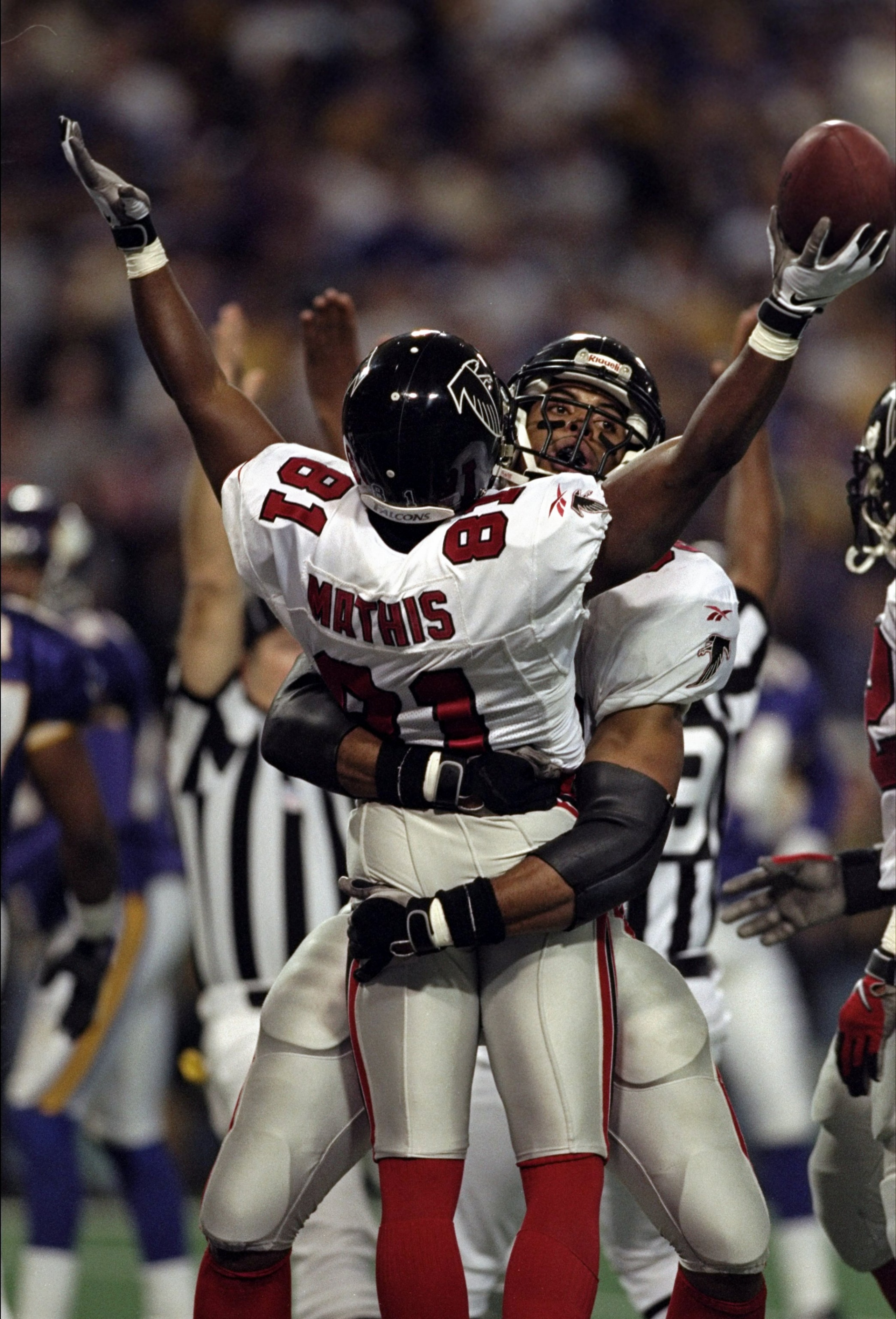 17 Jan 1999: Terance Mathis #81 of the Atlanta Falcons celebrates during the NFC Championship Game against the Minnesota Vikings at the H. H. H. Metrodome in Minneapolis, Minnesota. The Falcons defeated the Vikings 30-27. Mandatory Credit: Andy Lyons  /Al