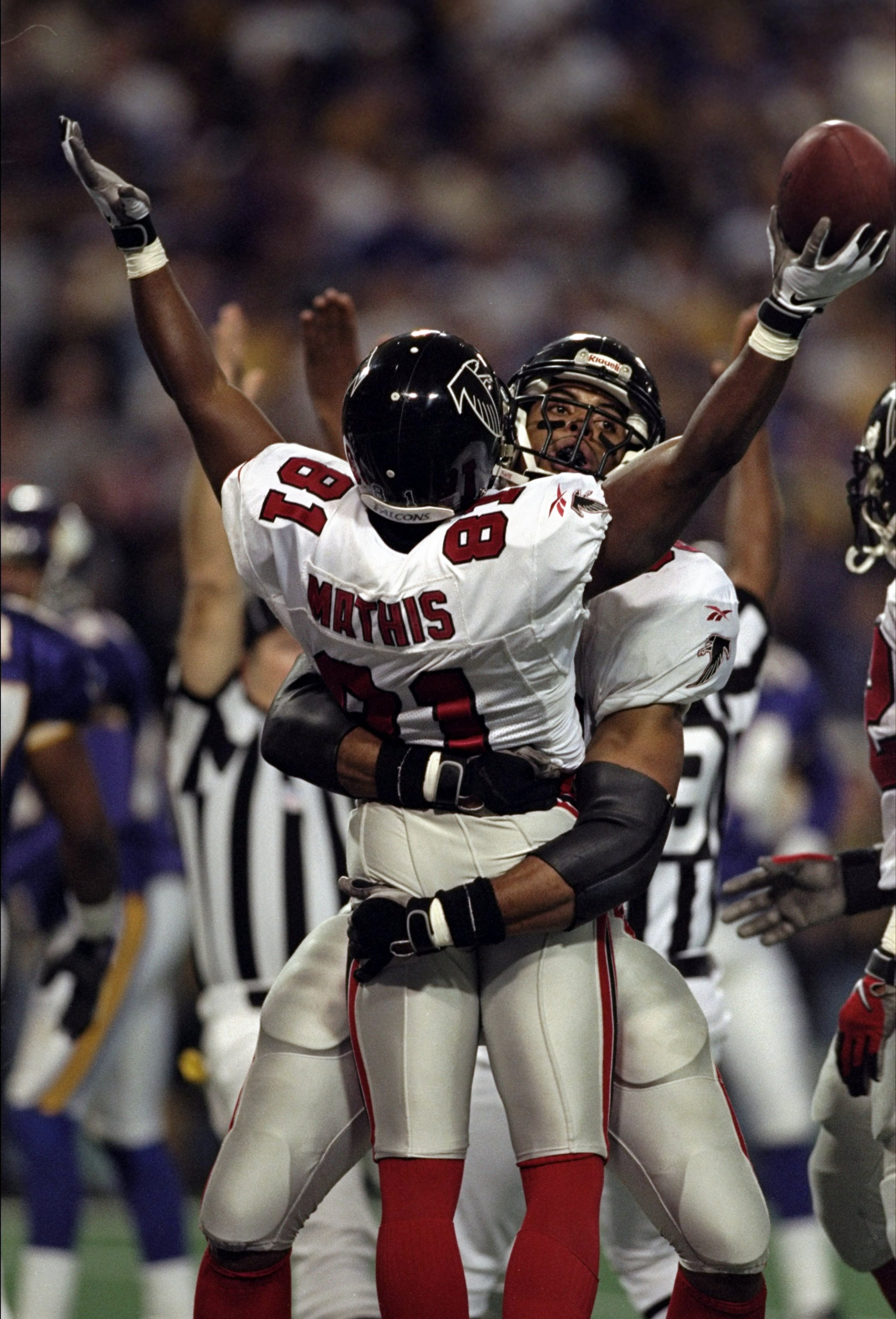 17 Jan 1999: Terance Mathis #81 of the Atlanta Falcons celebrates during the NFC Championship Game against the Minnesota Vikings at the H. H. H. Metrodome in Minneapolis, Minnesota. The Falcons defeated the Vikings 30-27. Mandatory Credit: Andy Lyons /Al 17 Jan 1999: Terance Mathis #81 of the Atlanta Falcons celebrates during the NFC Championship Game against the Minnesota Vikings at the H. H. H. Metrodome in Minneapolis, Minnesota. The Falcons defeated the Vikings 30-27. Mandatory Credit: Andy Lyons /Al