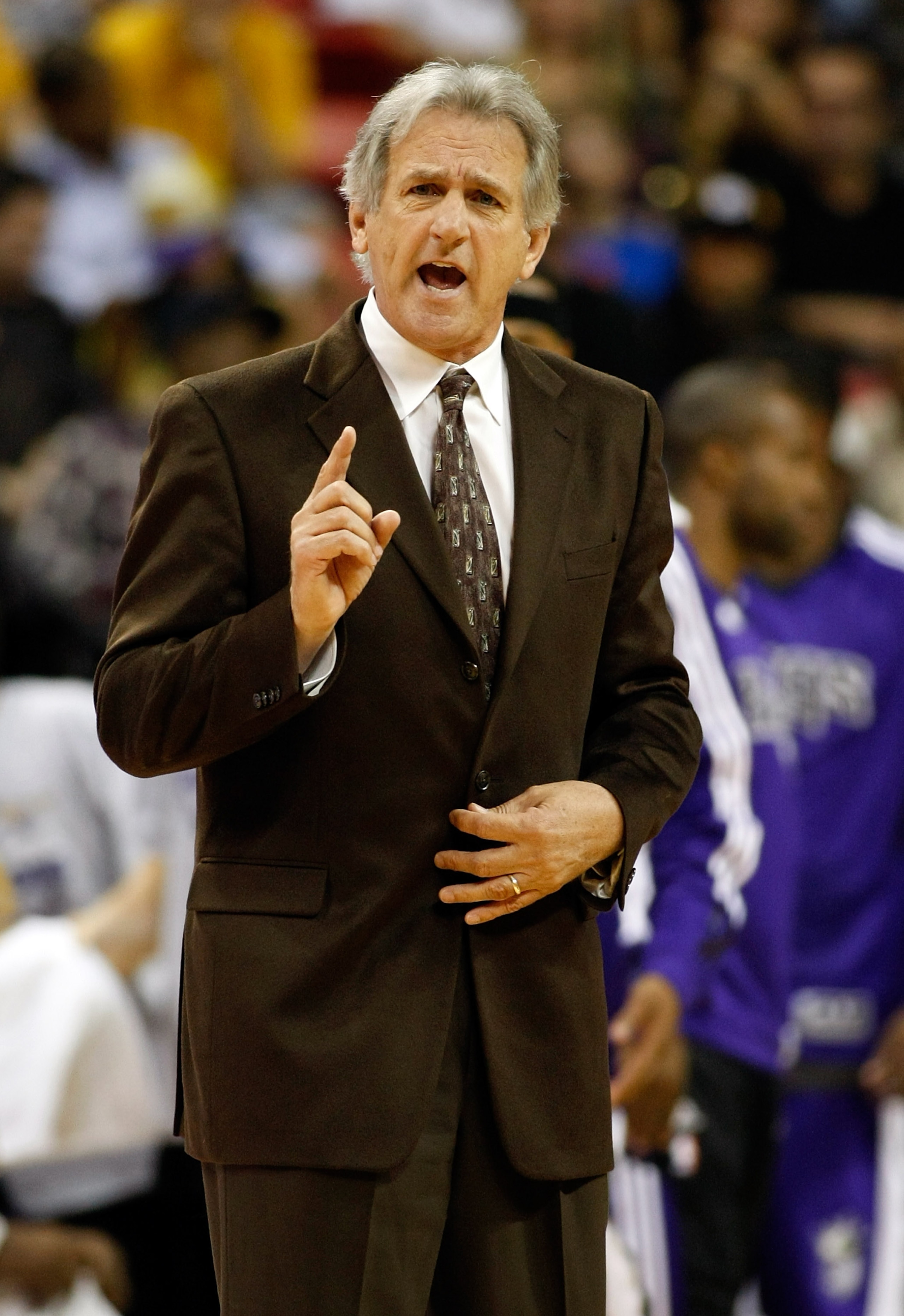 LAS VEGAS - OCTOBER 13:  Head coach Paul Westphal of the Sacramento Kings talks to an official during a preseason game against the Los Angeles Lakers at the Thomas & Mack Center October 13, 2010 in Las Vegas, Nevada. The Lakers won 98-95. NOTE TO USER: Us