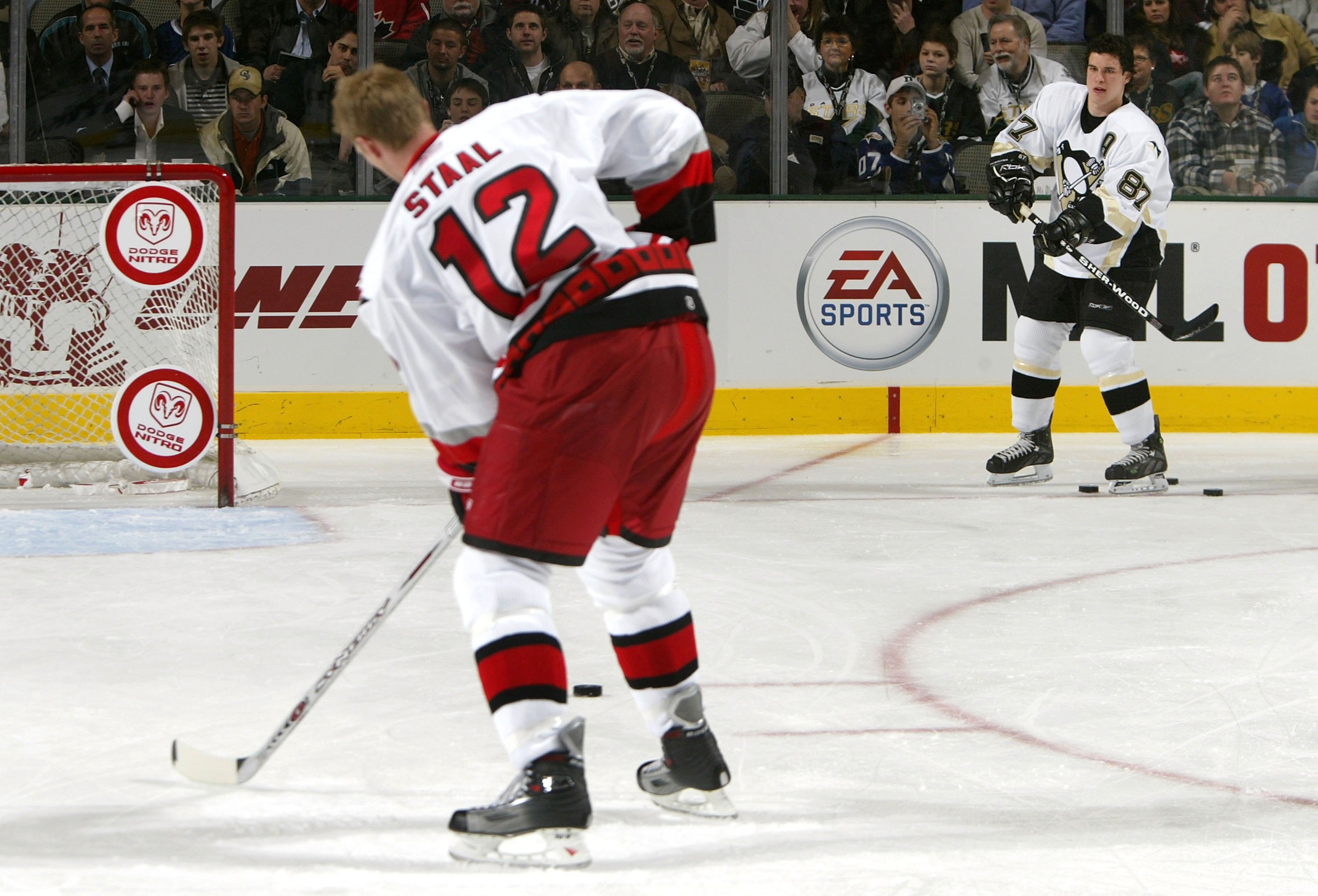 DALLAS - JANUARY 23:  Eastern Conference All-Star Sidney Crosby #87 of the Pittsburgh Penguins passes the puck to Eric Staal #12 of the Carolina Hurricanes in the 'Shooting Accuracy' during the 2007 NHL All-Star Skills Gameon January 23, 2007 at the Ameri