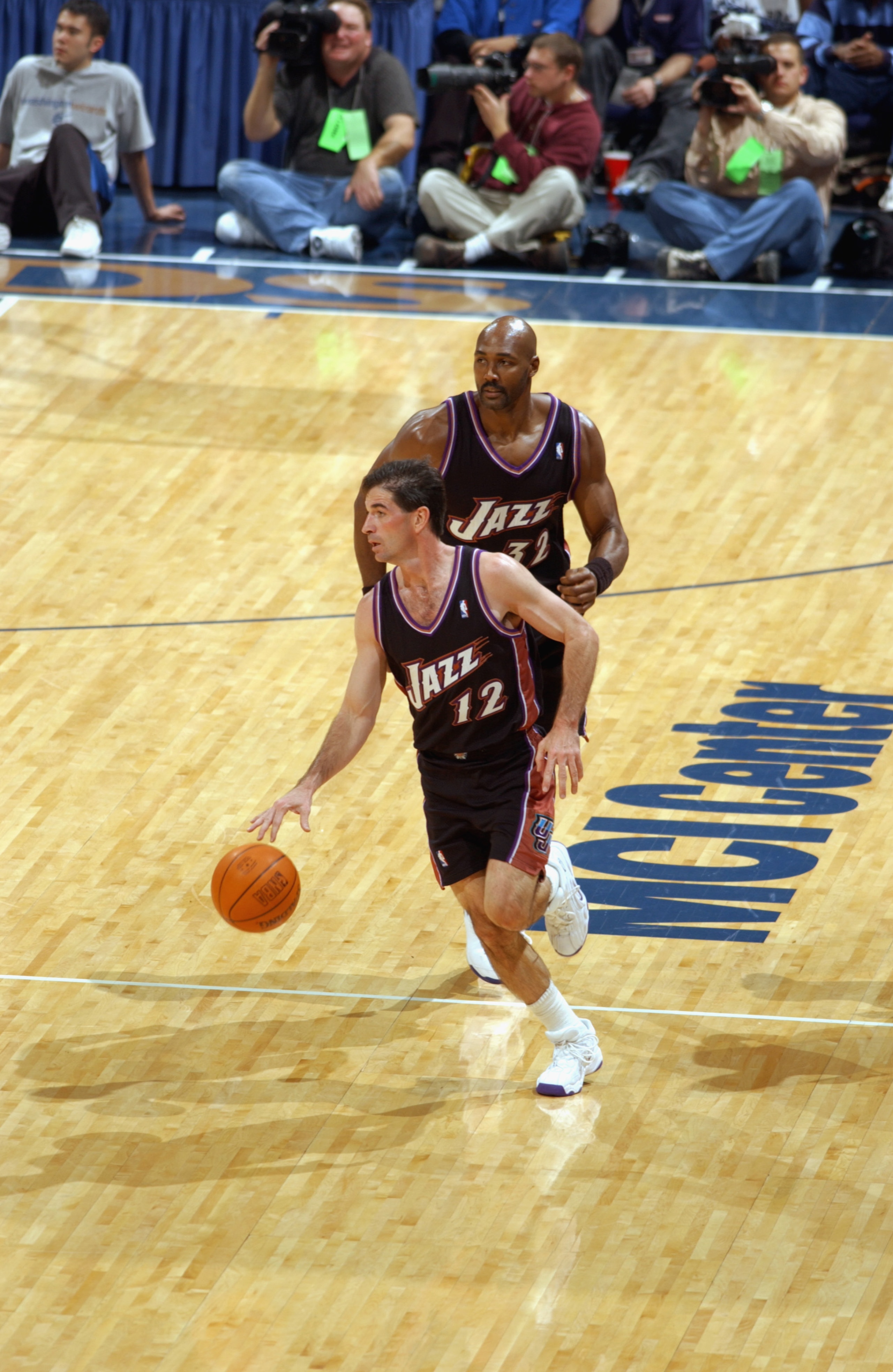 WASHINGTON - NOVEMBER 14:  John Stockton #12 and Karl Malone #32 of the Utah Jazz bring the ball upcourt against the Washington Wizards during the NBA game at MCI Center on November 14, 2002 in Washington, D.C.  The Wizards won 105-102.  NOTE TO USER: Use