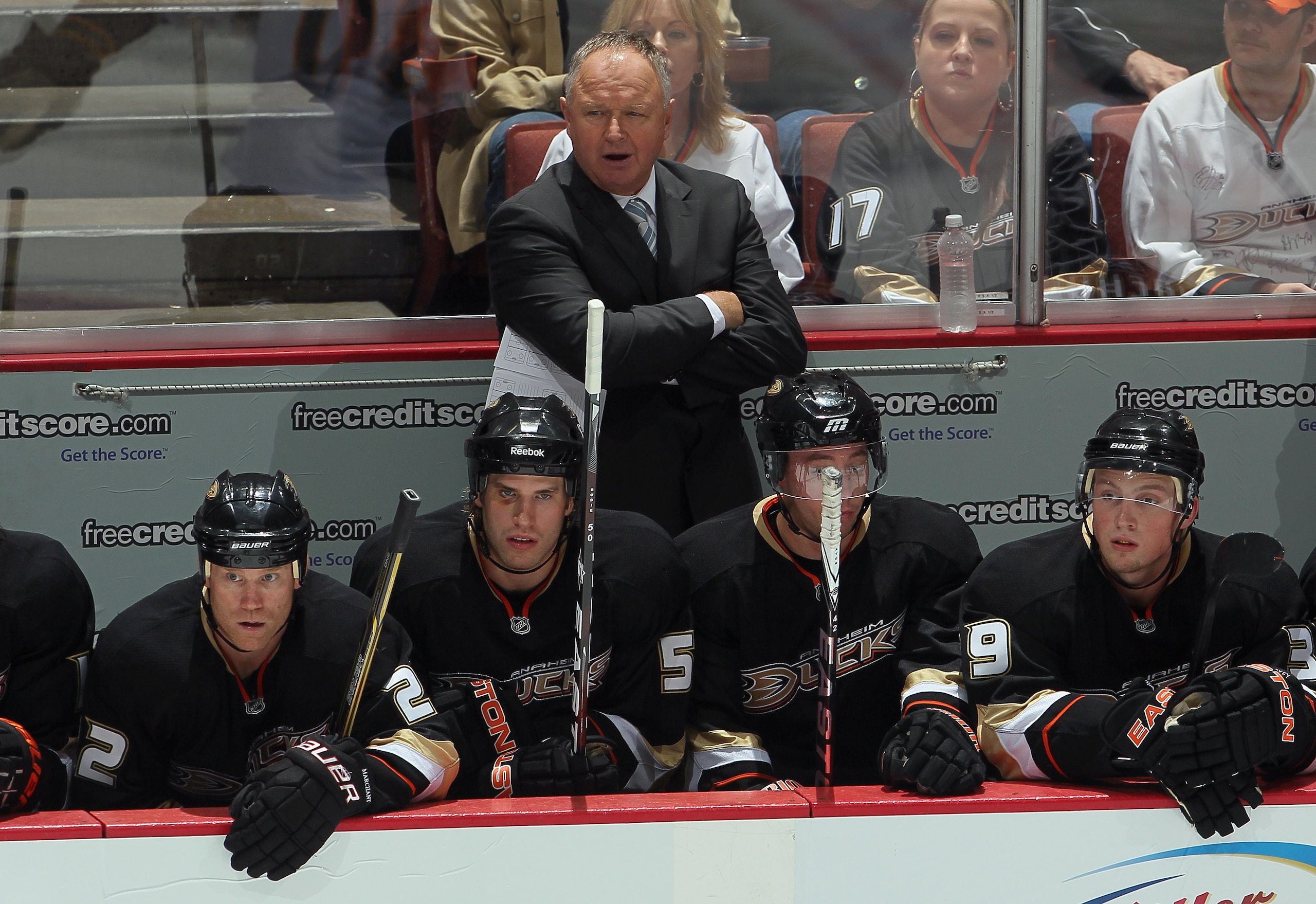 ANAHEIM, CA - OCTOBER 15:  Anaheim Ducks head coach Randy Carlyle looks on from the bench against the Atlanta Thrashers at Honda Center on October 15, 2010 in Anaheim, California. The Thrashers defeated the Ducks 5-4 in a shootout.  (Photo by Jeff Gross/G