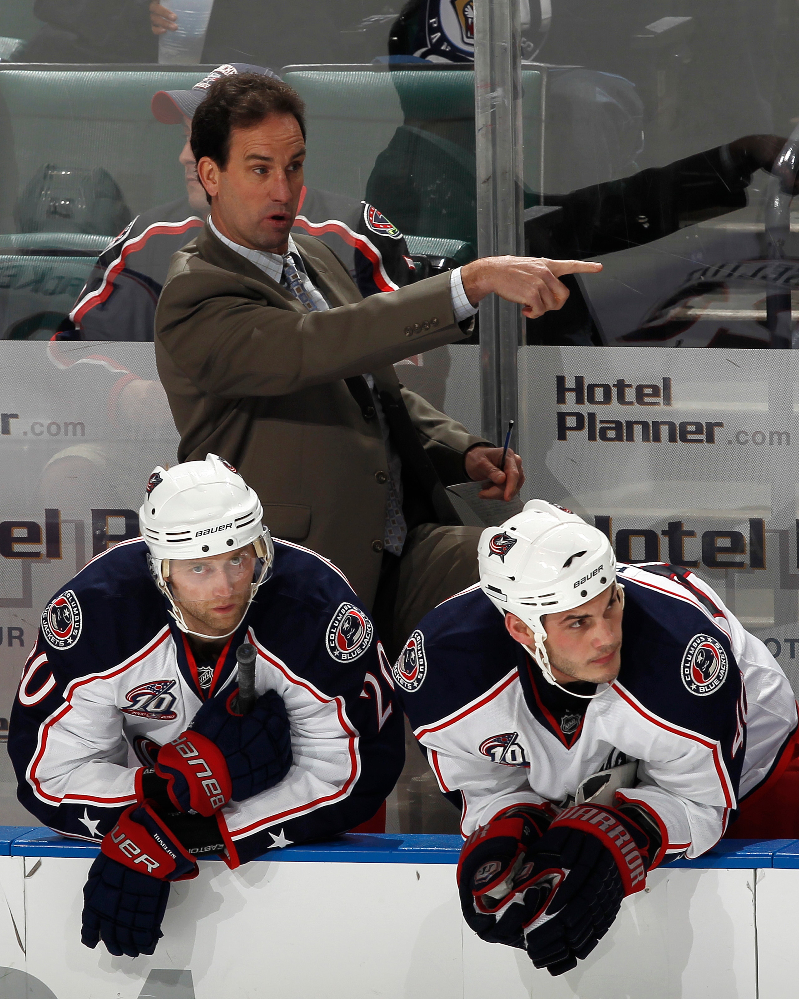 SUNRISE, FL - JANUARY 19: Head coach Scott Arniel of the Columbus Blue Jackets calls a play out during the overtime period against the Florida Panthers on January 19, 2011 at the BankAtlantic Center in Sunrise, Florida. The Blue Jackets defeated the Panth