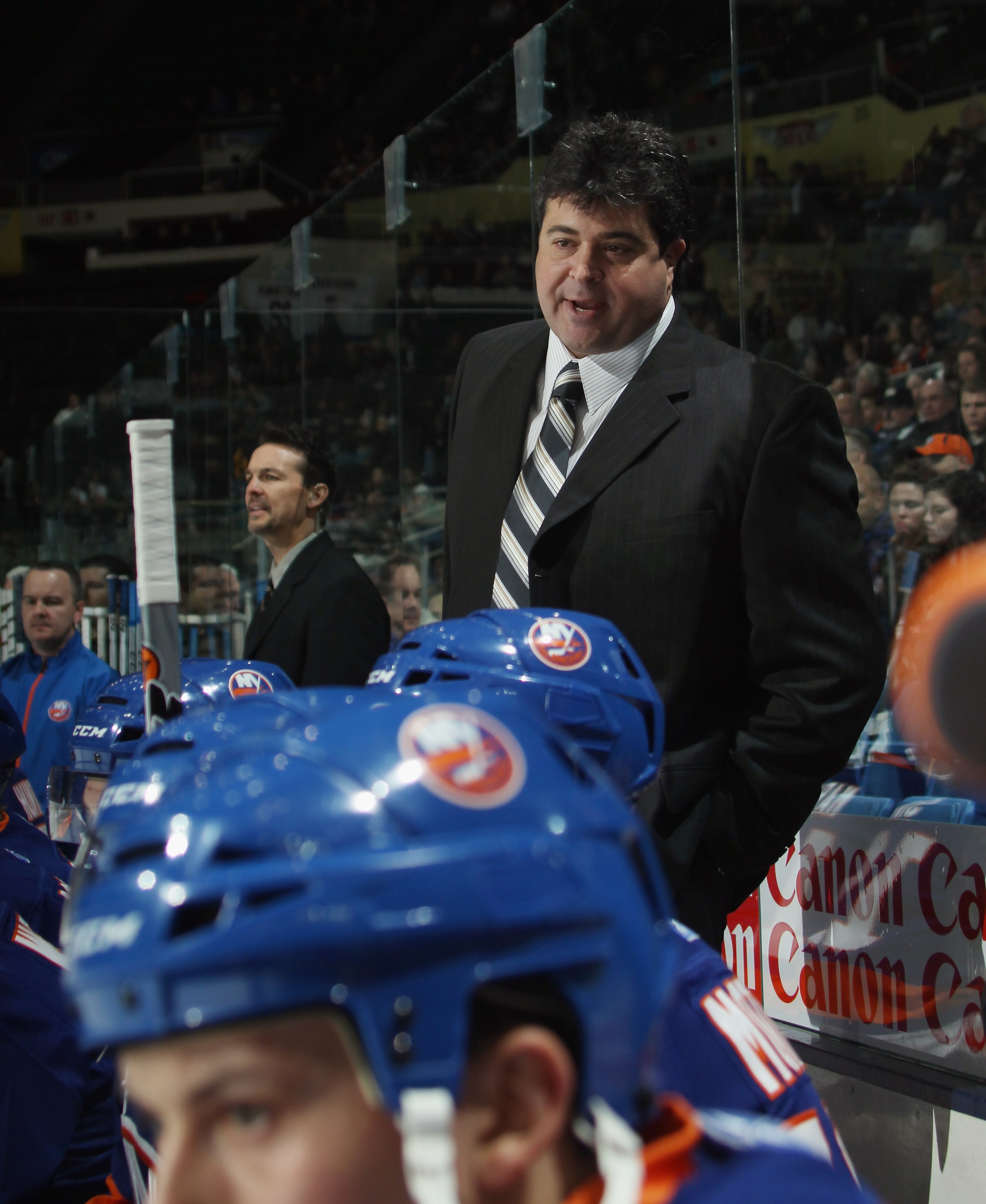 UNIONDALE, NY - NOVEMBER 17:  Head coach Jack Capuano of the New York Islanders works the bench during his first NHL game against the Tampa Bay Lightning at the Nassau Coliseum on November 17, 2010 in Uniondale, New York.  (Photo by Bruce Bennett/Getty Im
