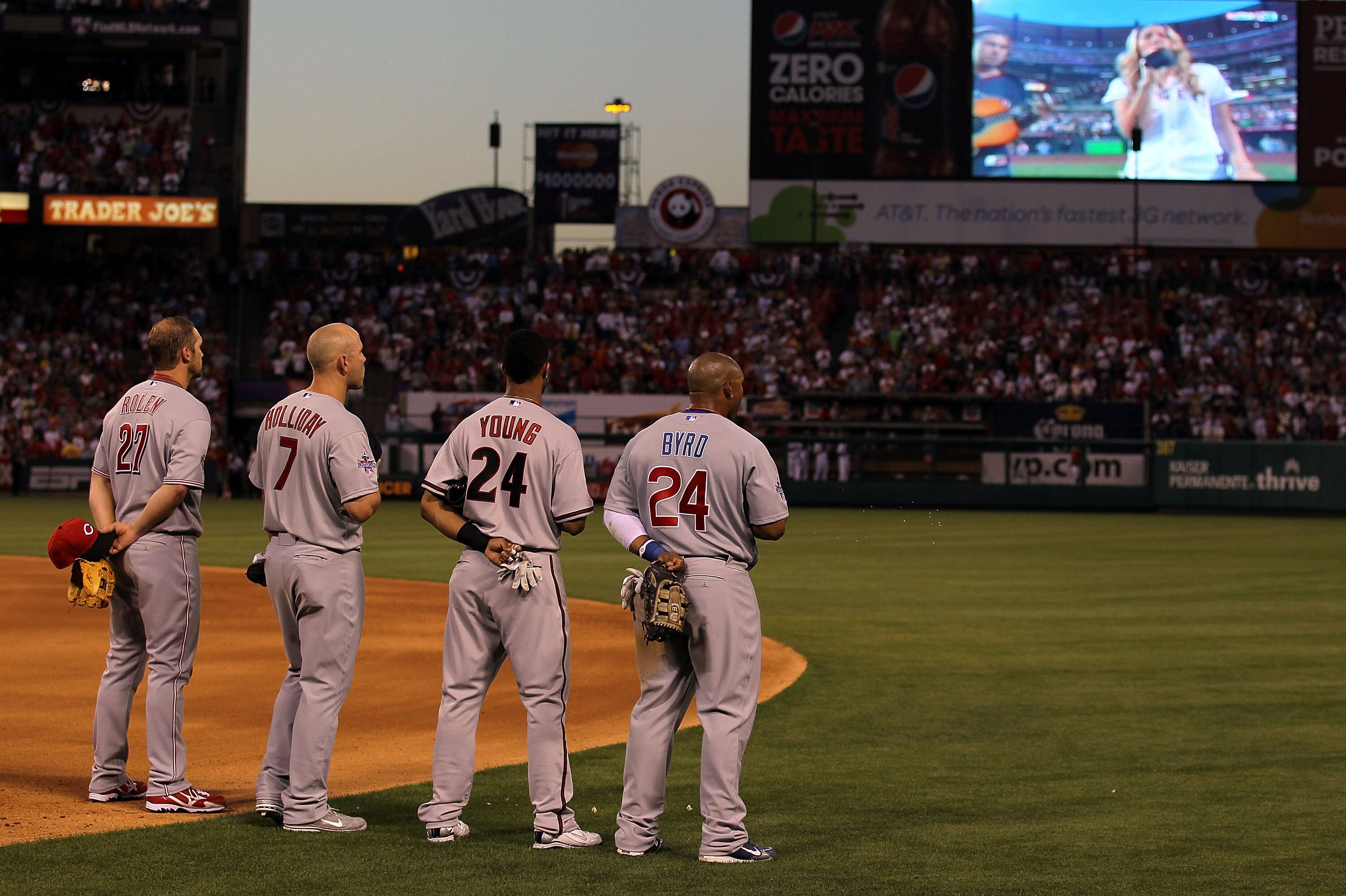 ANAHEIM, CA - JULY 13:  National League All-Star Scott Rolen #27 of the Cincinnati Reds, National League All-Star Matt Holliday #7 of the St. Louis Cardinals, National League All-Star Chris Young #24 of the Arizona Diamondbacks and and National League All