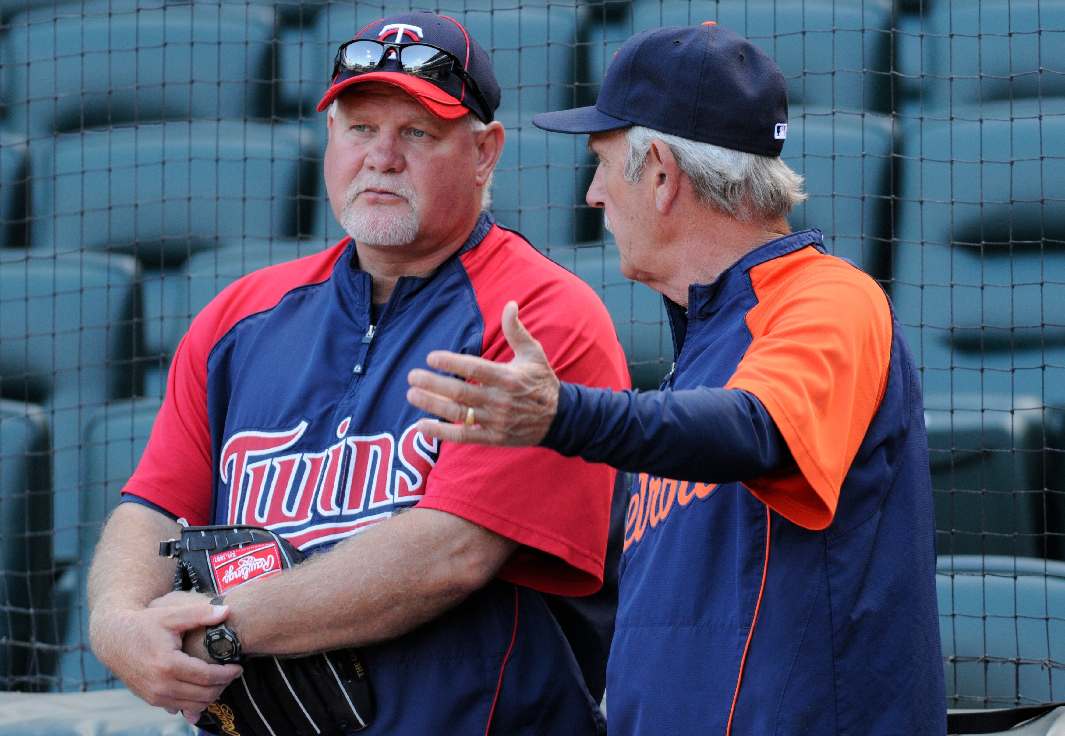 MINNEAPOLIS, MN - JUNE 28: Manager Ron Gardenhire #35 of the Minnesota Twins and manager Jim Leyland #10 of the Detroit Tigers talk prior to their game on June 28, 2010 at Target Field in Minneapolis, Minnesota. Tigers won 7-5. (Photo by Hannah Foslien /G