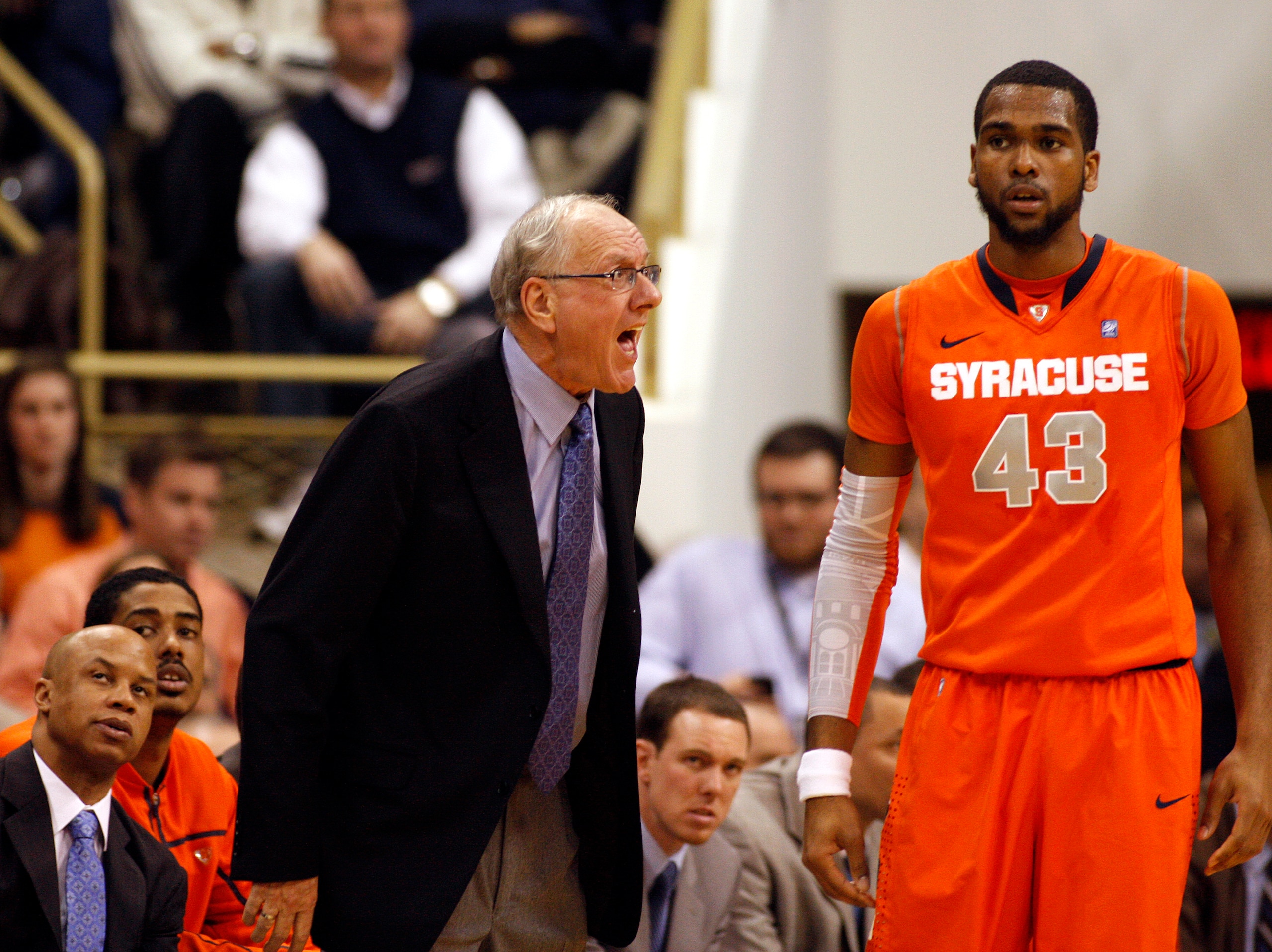 PITTSBURGH, PA - JANUARY 17:  Syracuse Orange head coach Jim Boeheim screams at his team in the game against the Pittsburgh Panthers at Petersen Events Center on January 17, 2011 in Pittsburgh, Pennsylvania.  The Panthers defeated the Orange 74-66.  (Phot